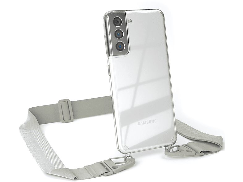 EAZY CASE Transparente Handyhülle mit breiter Kordel + Karabiner, Umhängetasche, Samsung, Galaxy S21 5G, Beige Grau / Taupe