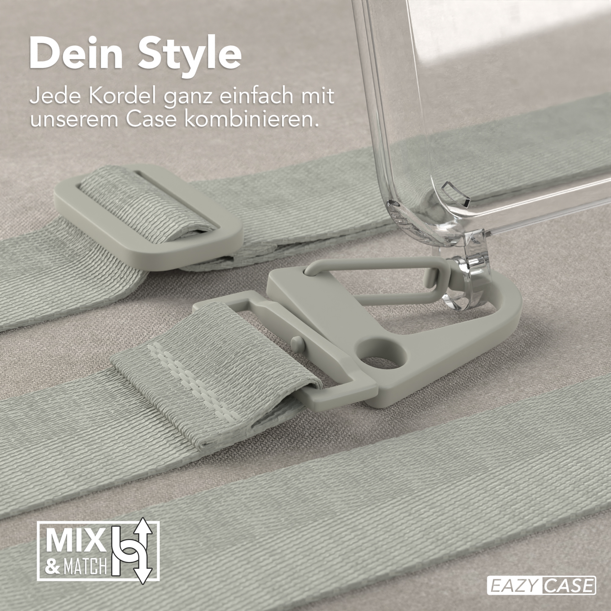 Nahaufnahme von hellgrauen Riemen mit Metallverschlüssen und einer transparenten Handyhülle.