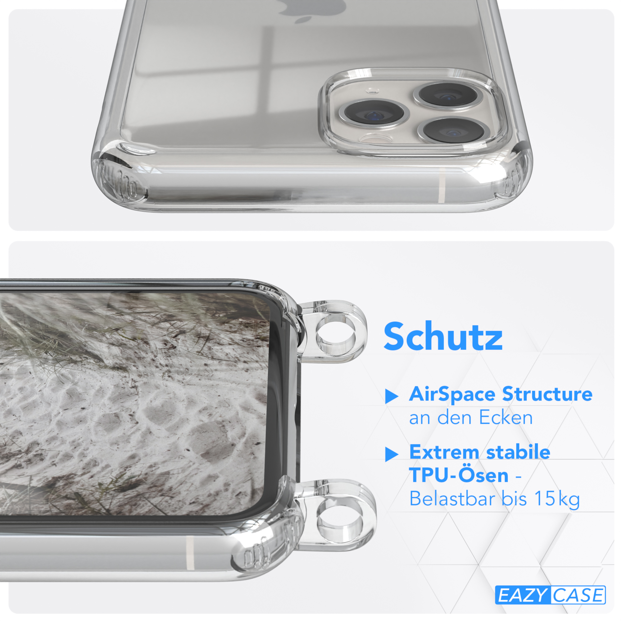 Transparente Handyhülle mit Strandmotiv und Schutzeigenschaften, beschriftet EAZY CASE.