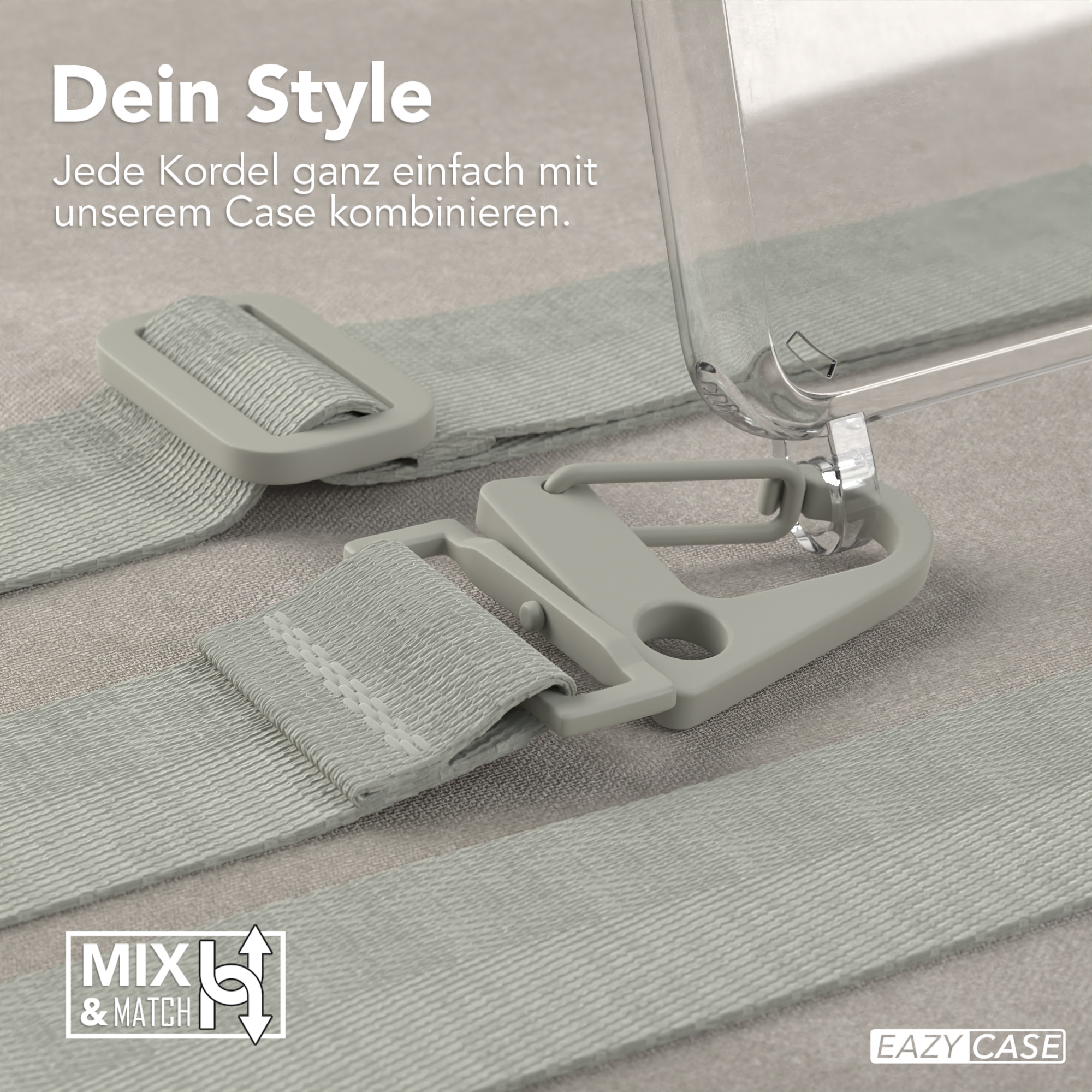 Nahaufnahme, die eine Handyhülle mit Riemen und Clips zeigt. Text weist darauf hin, dass die Hülle Mix and Match ermöglicht.
