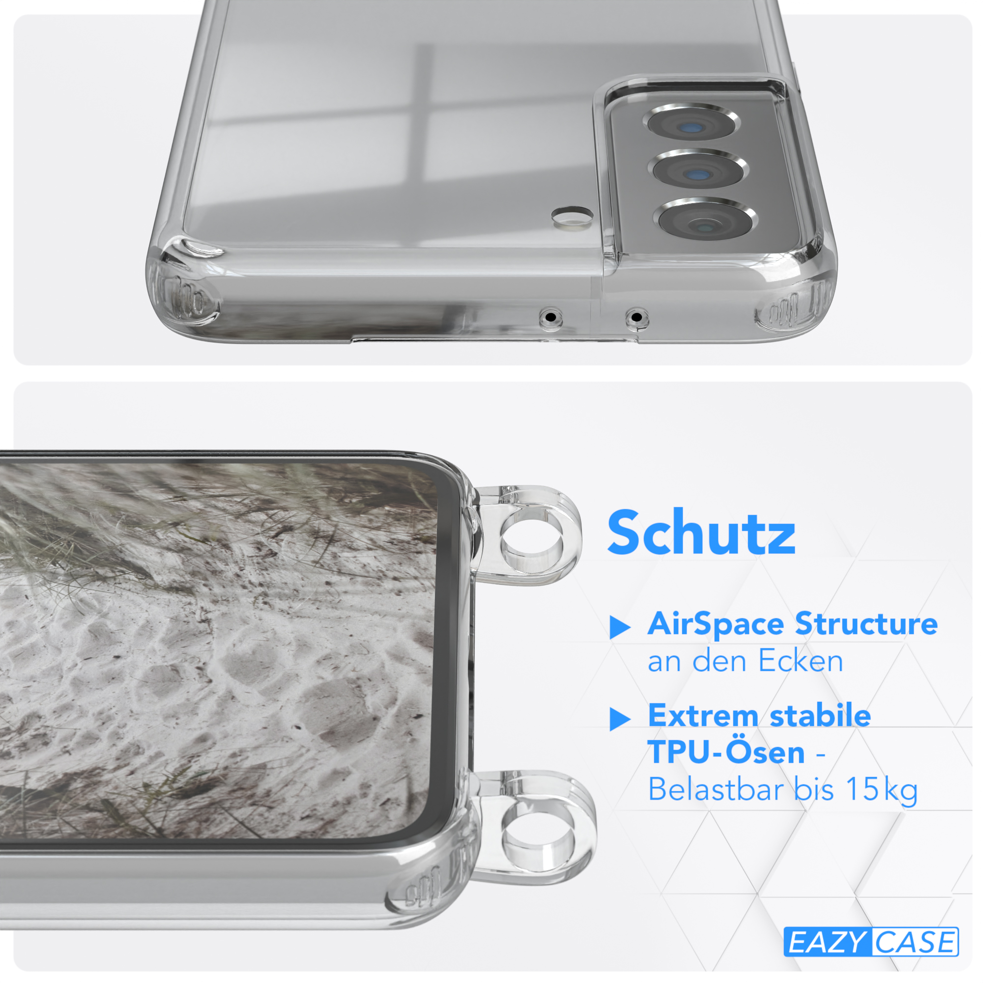 Handyhülle mit Telefon, transparent. Eigenschaften: Schutzelemente und Struktur. Blauer Hintergrund.