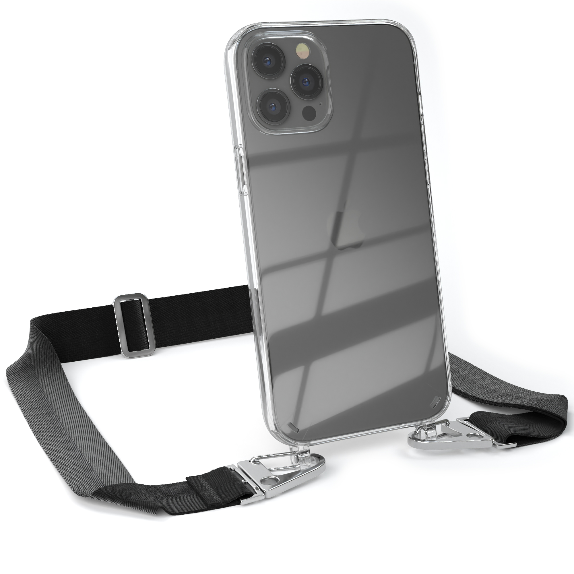 Handyhülle / Silber iPhone + Apple, CASE Transparente Pro Karabiner, Max, Kordel mit Schwarz breiter Umhängetasche, 12 EAZY