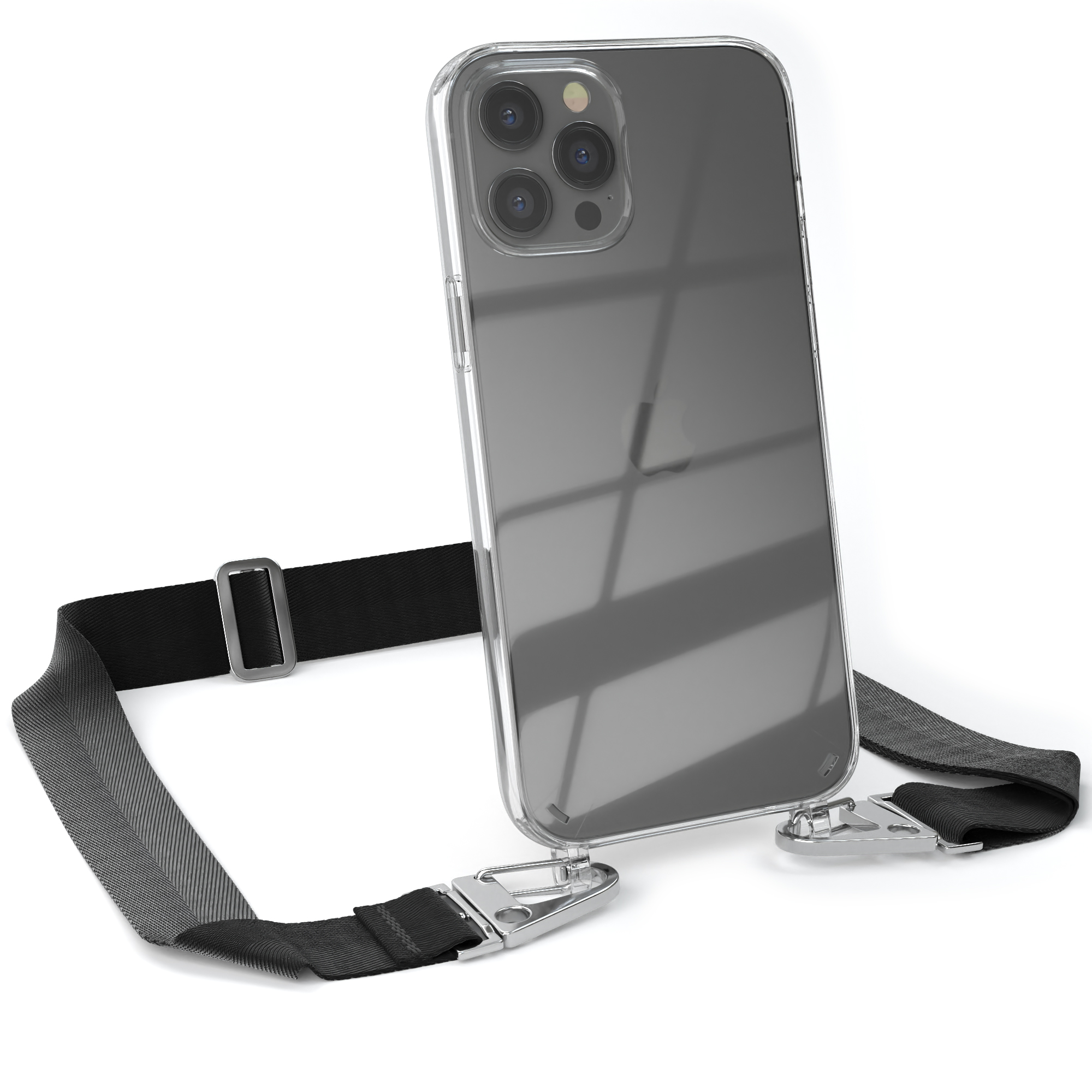 Eine transparente Handyhülle mit einem schwarzen Umhängeband, an einem Apple iPhone befestigt.