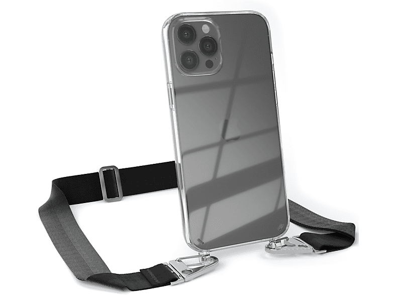 EAZY CASE Transparente Handyhülle mit breiter Kordel + Karabiner, Umhängetasche, Apple, iPhone 12 Pro Max, Schwarz / Silber