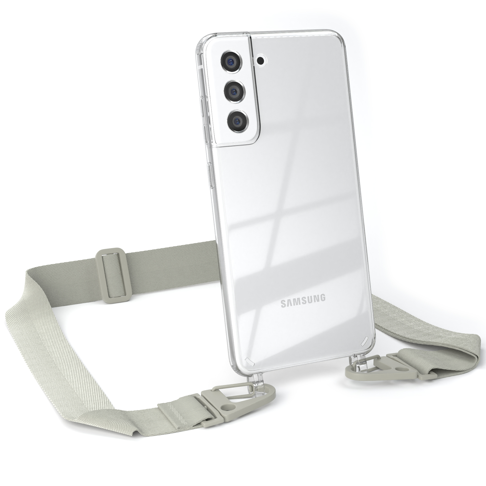 Transparente Handyhülle mit Riemen, grauem Riemen, auf weißem Hintergrund. Samsung-Telefon.