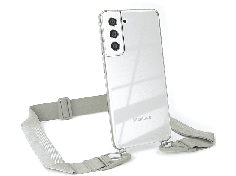 EAZY CASE Transparente Handyhülle mit breiter Kordel + Karabiner, Umhängetasche, Samsung, Galaxy S21 FE 5G, Beige Grau / Taupe