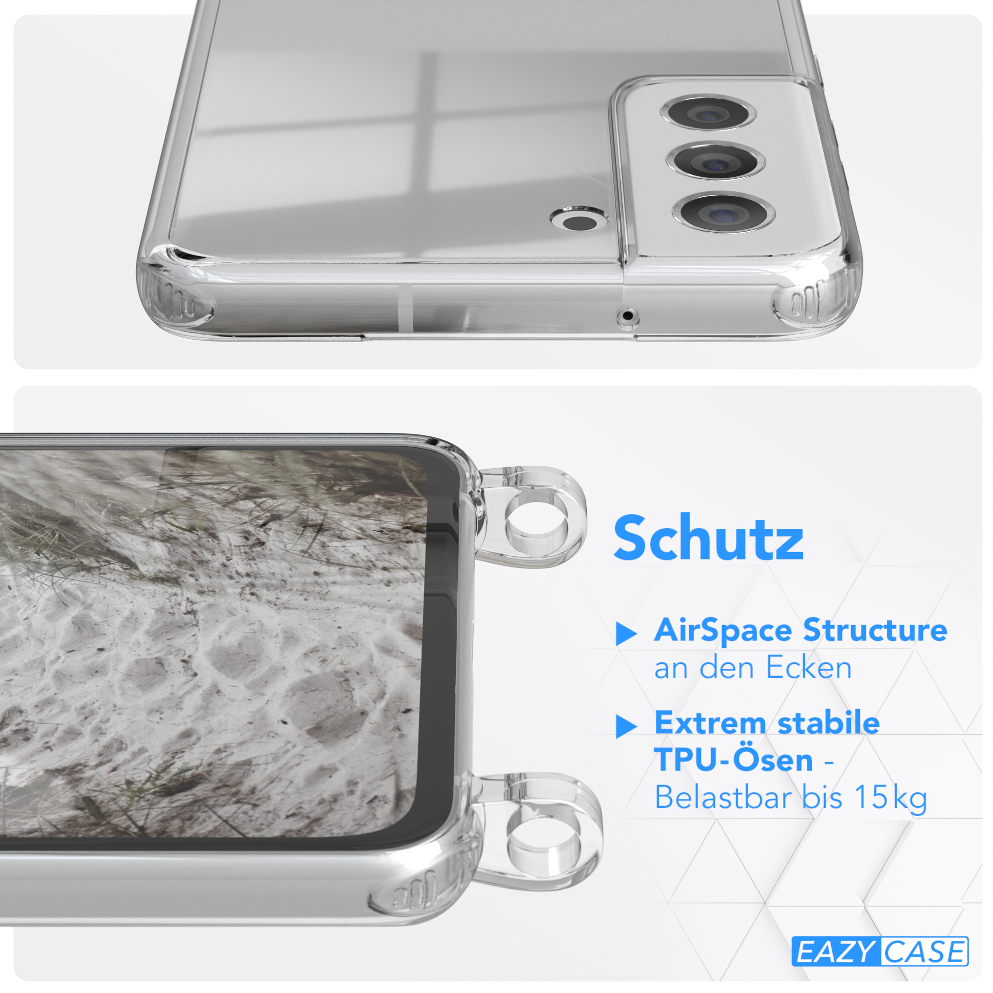 EAZY CASE Transparente Handyhülle Beige + Karabiner, FE Galaxy S21 Samsung, Kordel / mit Taupe breiter 5G, Grau Umhängetasche
