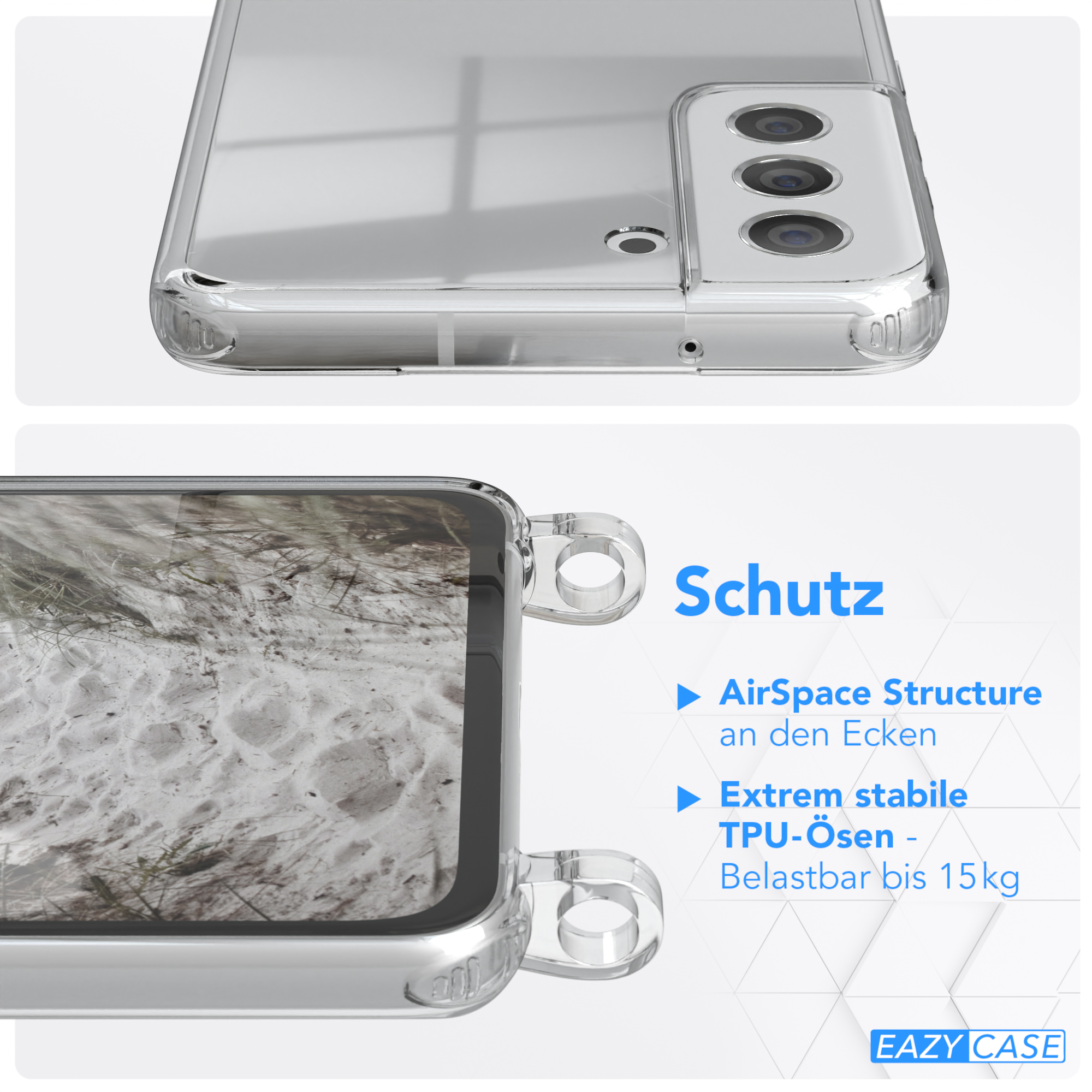 Klare Handyhülle auf einem Handy, Nahaufnahme. Zeigt das Design und die Tastenpositionen. Klares Plastik.