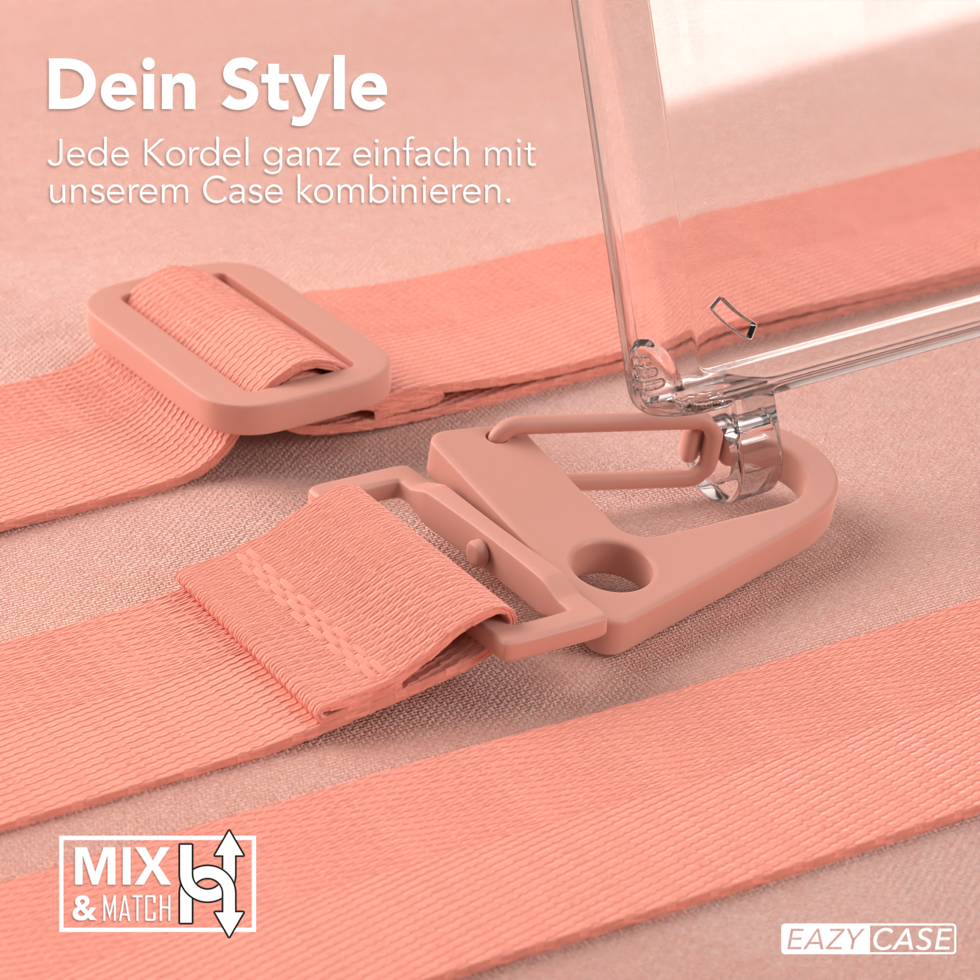 Nahaufnahme einer Handyhülle mit rosa Riemen. Eine Schnalle und eine Handyhülle sind sichtbar.