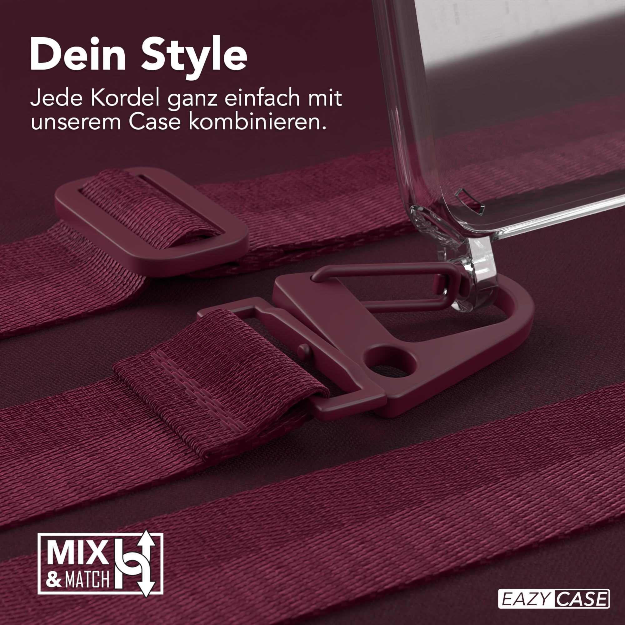 Nahaufnahme eines weinroten Telefonriemens und -verschlusses. Branding ist sichtbar.