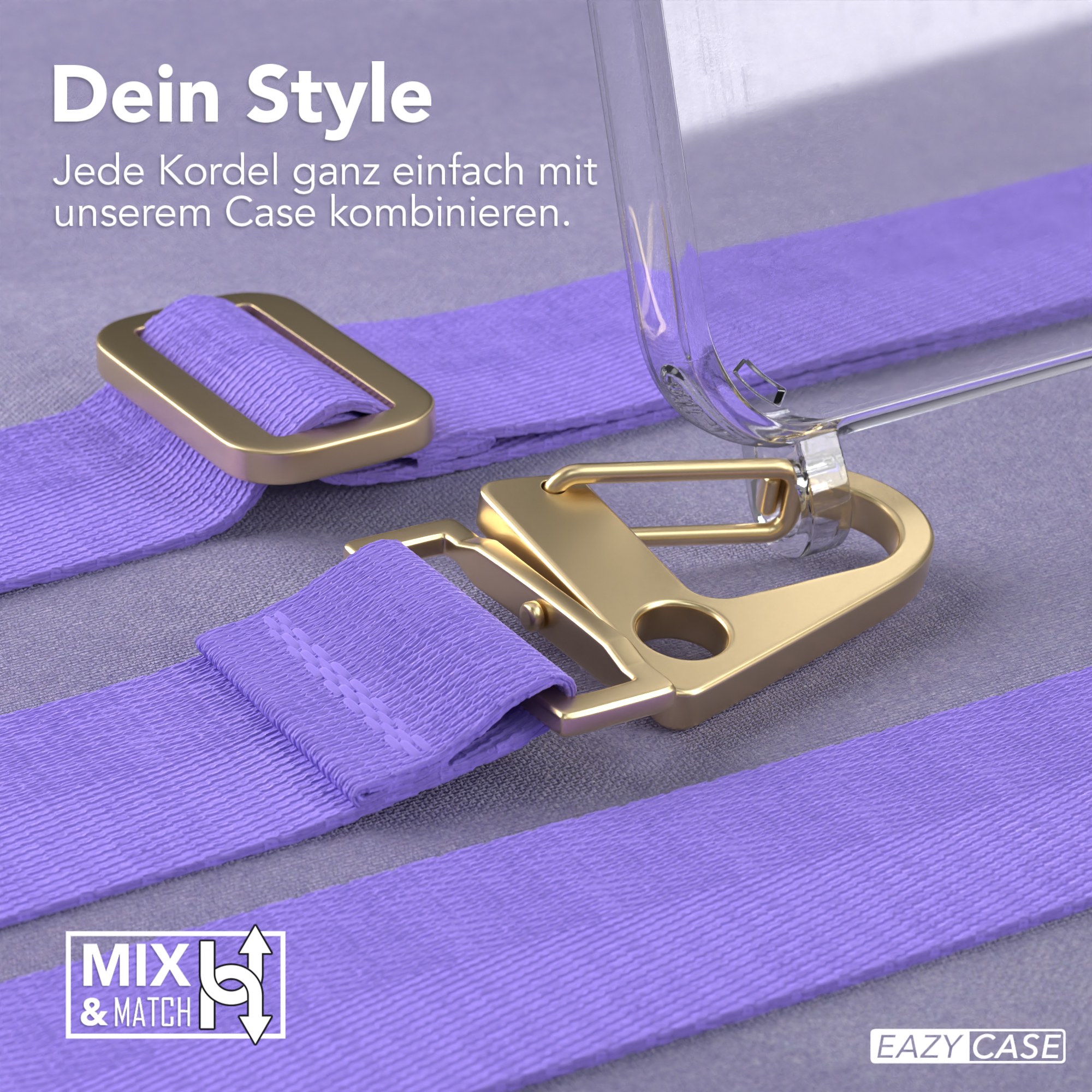 Eine Handyhülle mit einem Riemen wird gezeigt. Der Hintergrund ist ein lila Riemen. Die Marke ist EAZY CASE.