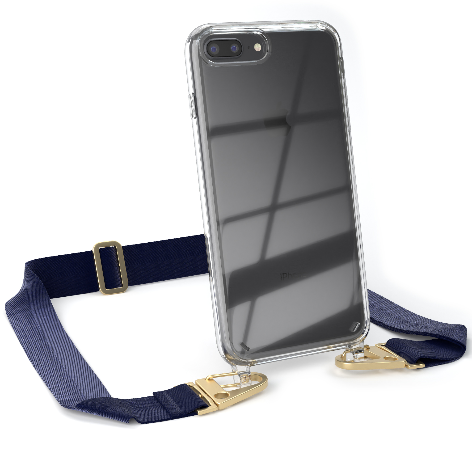 Transparente Handyhülle mit Telefon und blauem Gurt. Das Telefon ist transparent, der Gurt blau mit goldener Schnalle.