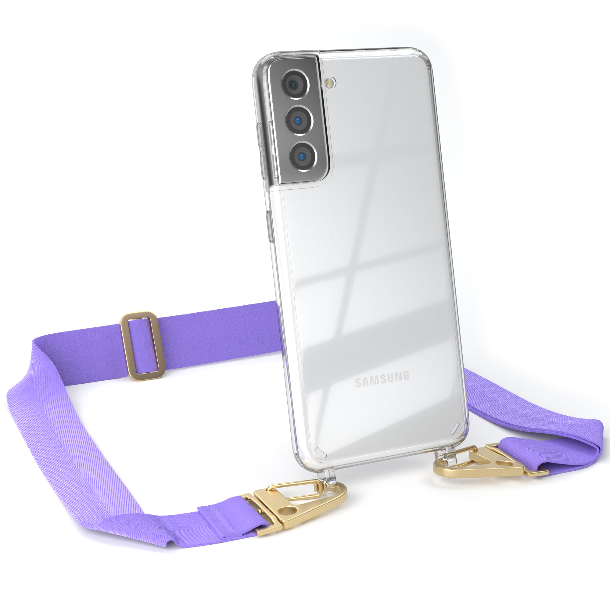 Transparente Handyhülle mit lila Riemen und goldenen Verschlüssen. Samsung Telefon innen. Weißer Hintergrund.