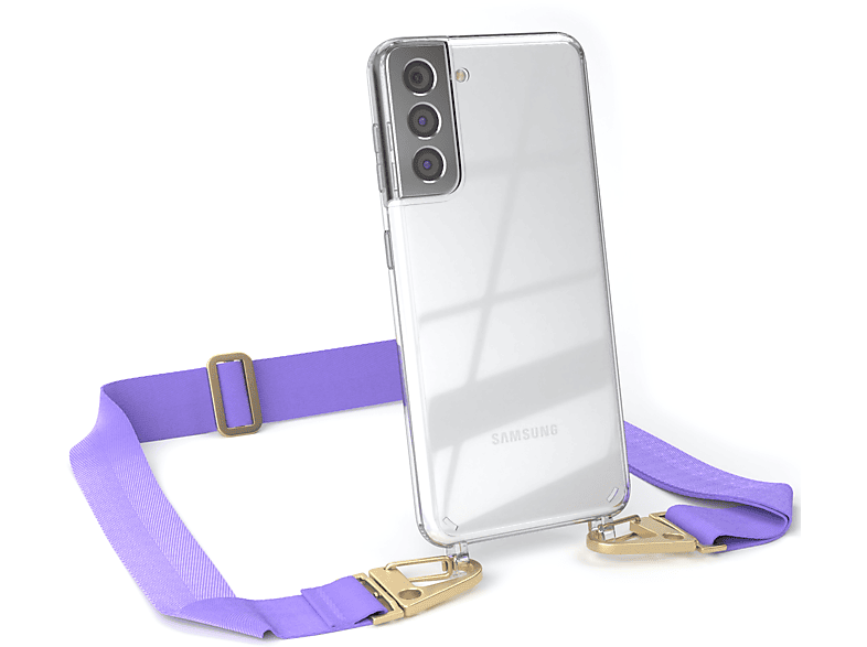 EAZY CASE Transparente Handyhülle mit breiter Kordel + Karabiner, Umhängetasche, Samsung, Galaxy S21 5G, Flieder / Gold