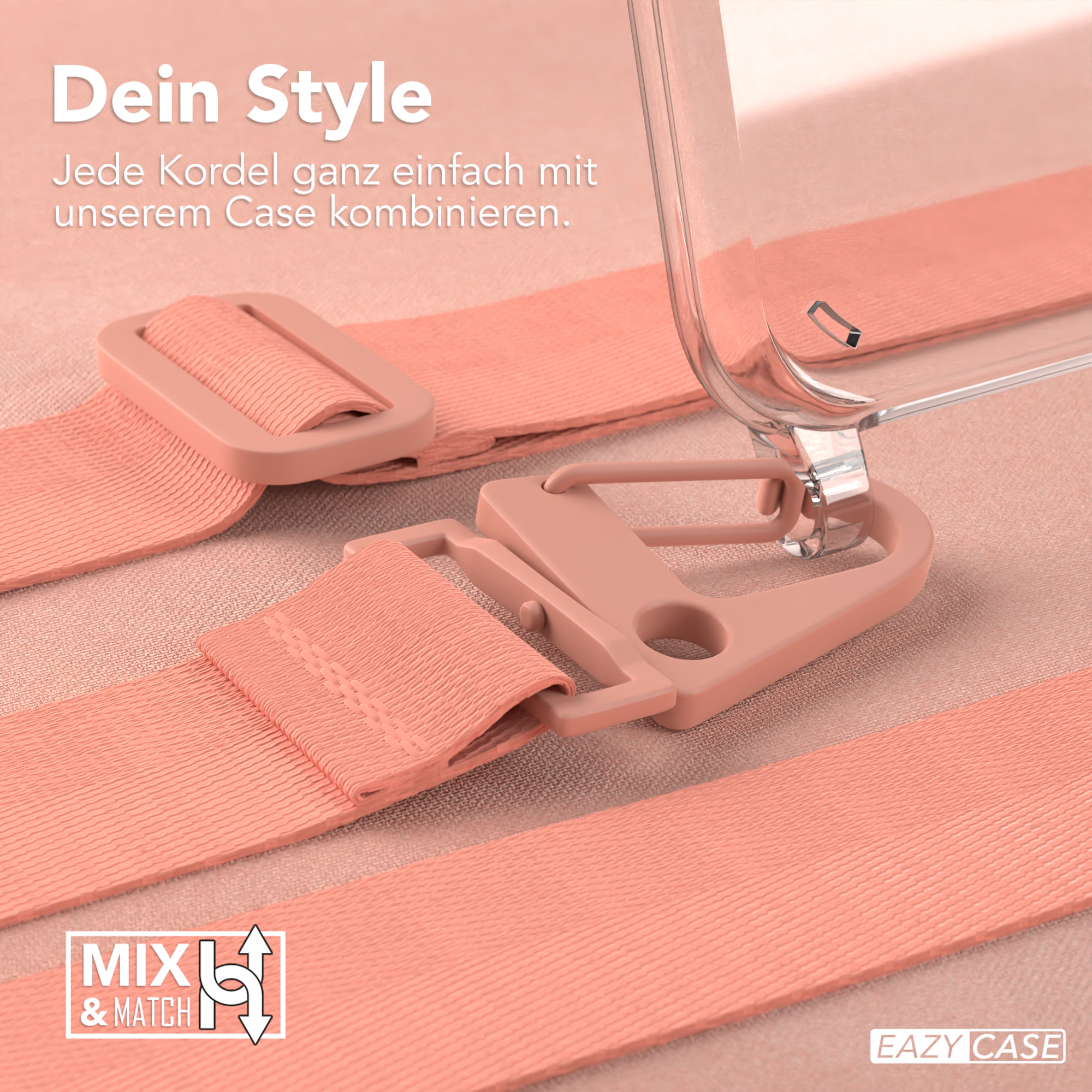 Nahaufnahme einer Handyhülle mit Riemen. Der Riemen ist rosa, die Hülle klar. Text erklärt den Mix.