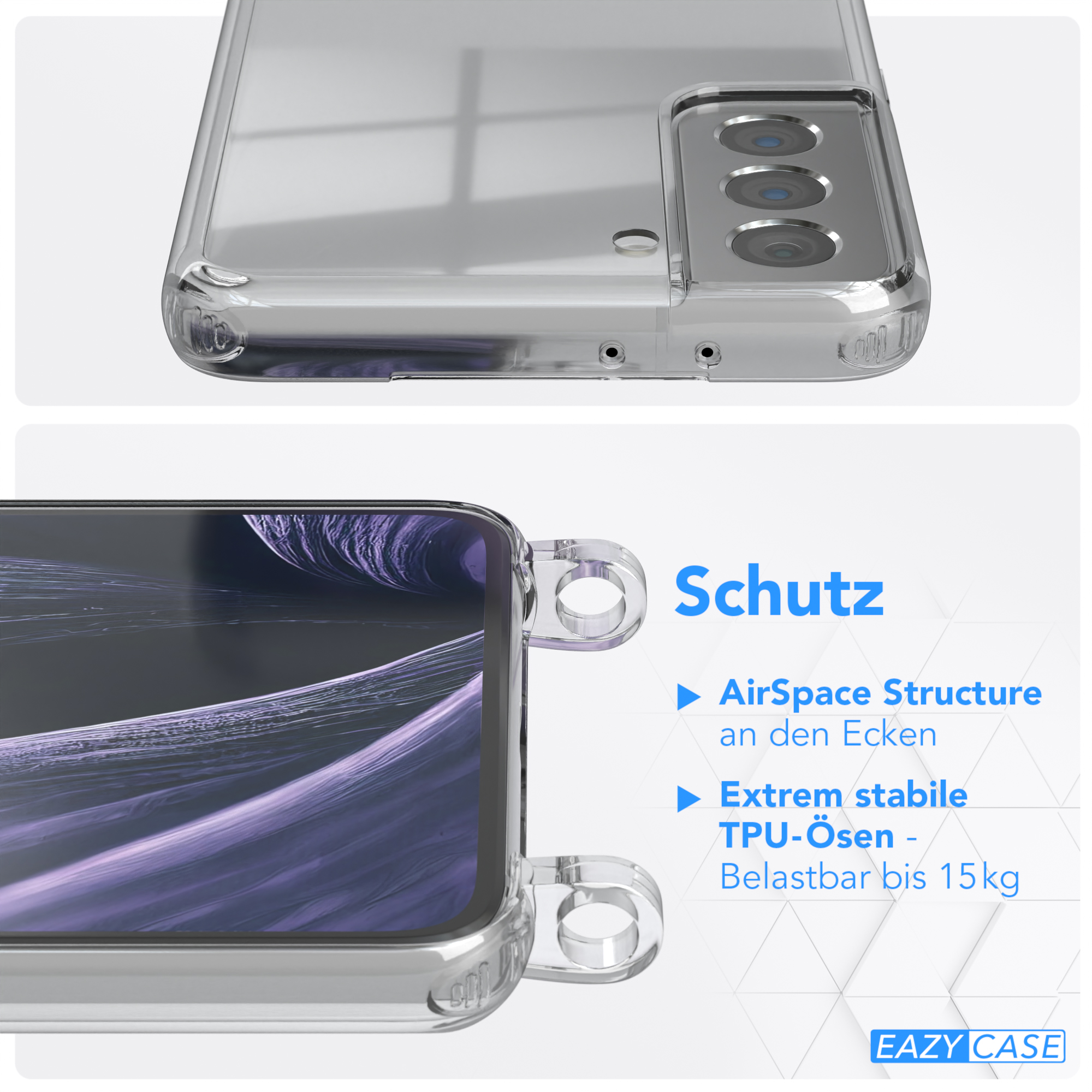 EAZY CASE Transparente Handyhülle Umhängetasche, S21 Galaxy Flieder / + breiter Samsung, Karabiner, Kordel mit Gold 5G