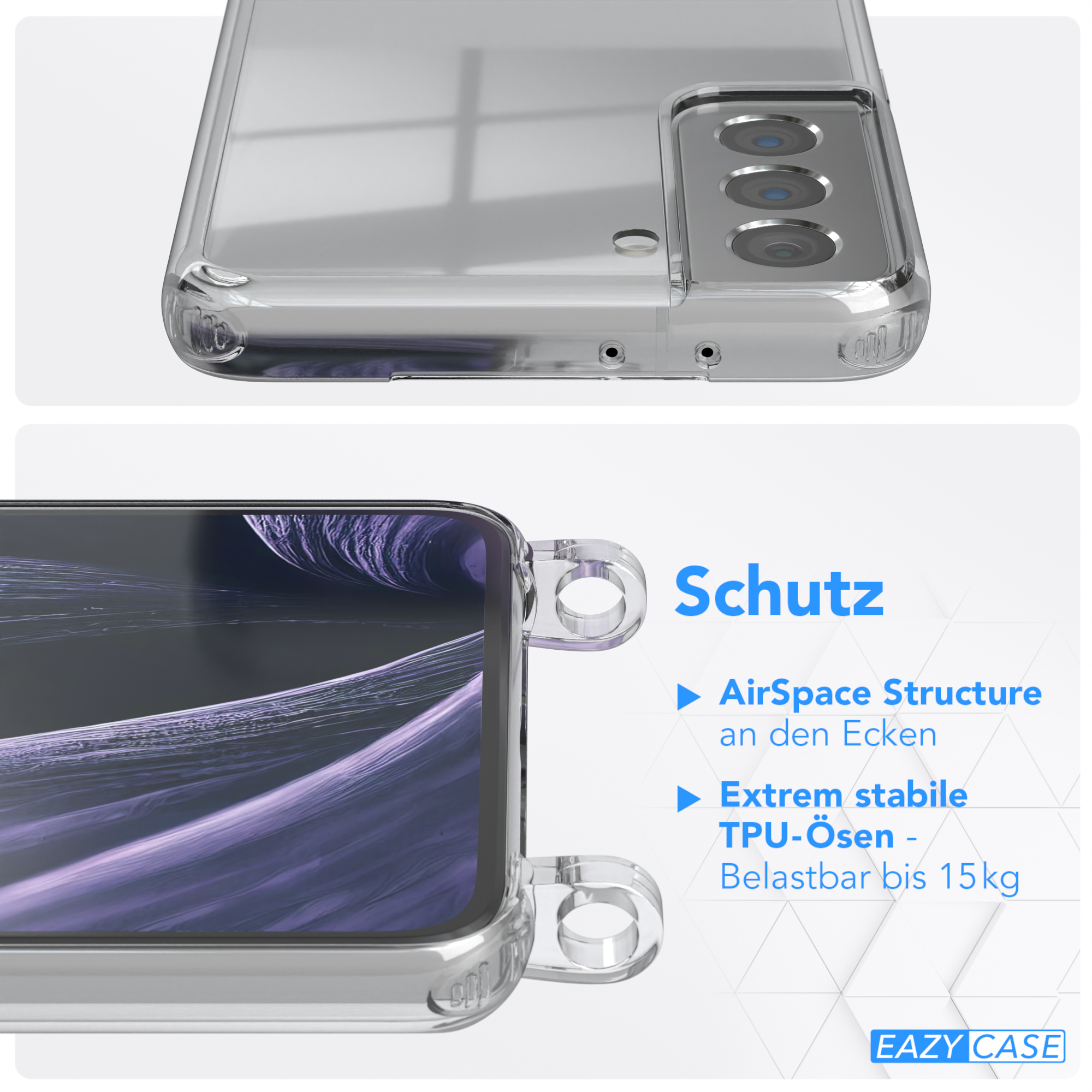 Transparente Handyhülle mit glänzendem Finish, Kameraausschnitten und transparentem Design.