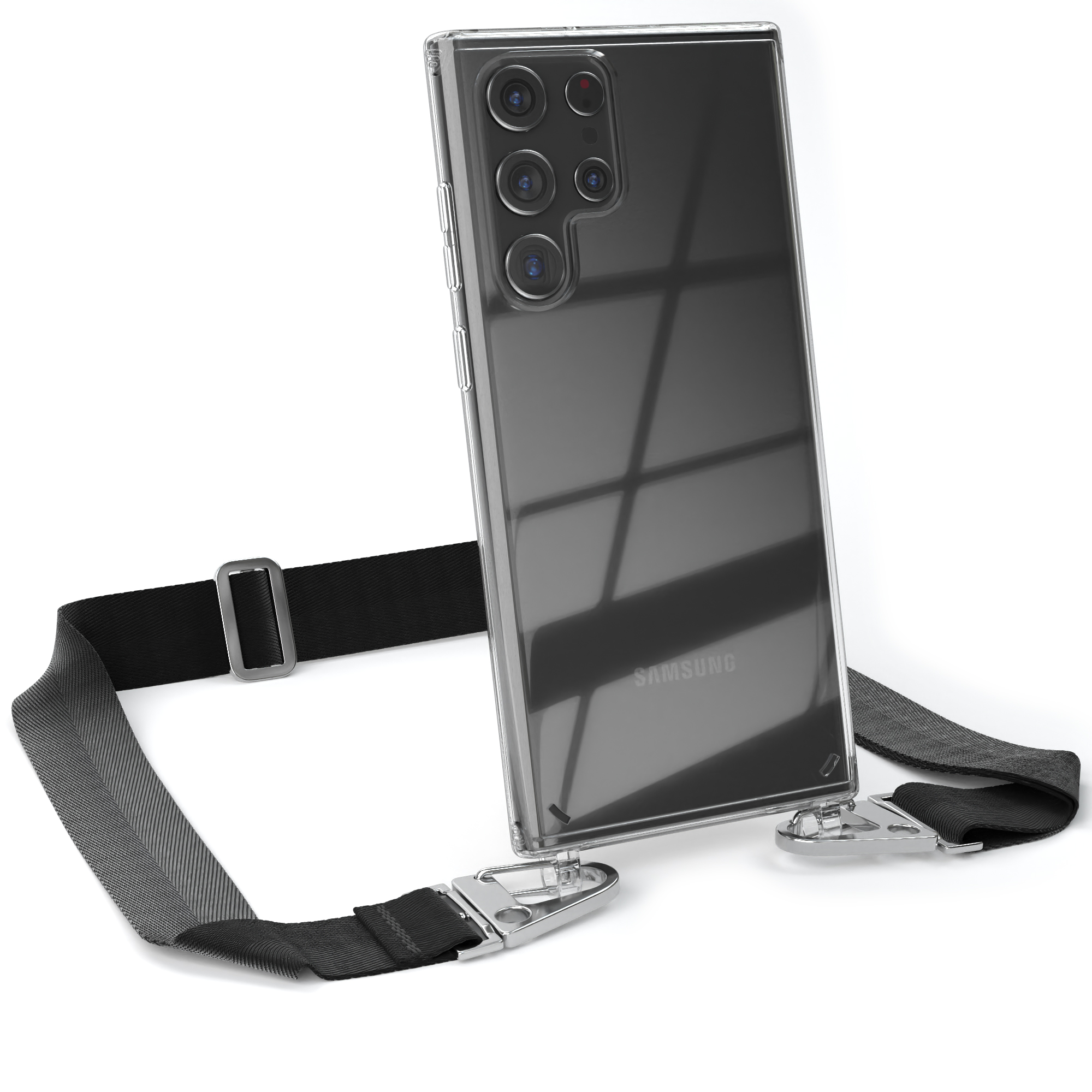 Telefon in klarer Hülle mit grauem Riemen. Weißer Hintergrund.