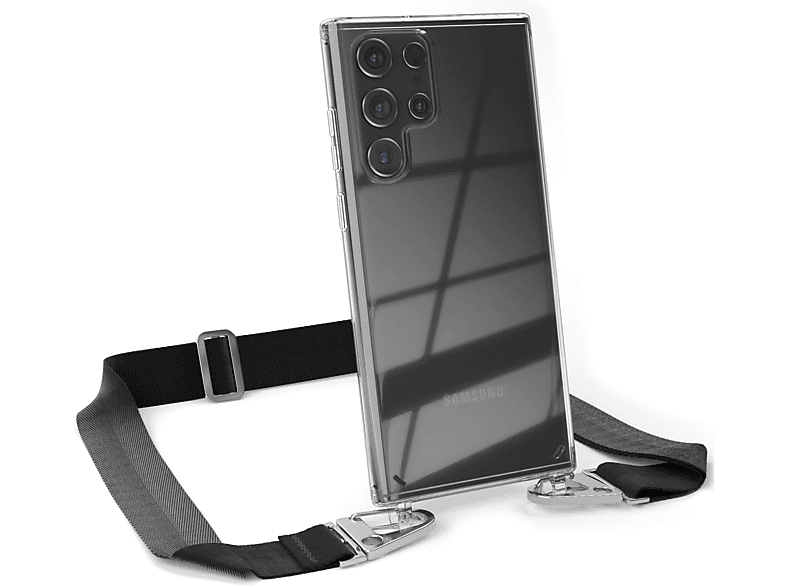 EAZY CASE Transparente Handyhülle mit breiter Kordel + Karabiner, Umhängetasche, Samsung, Galaxy S22 Ultra 5G, Schwarz / Silber