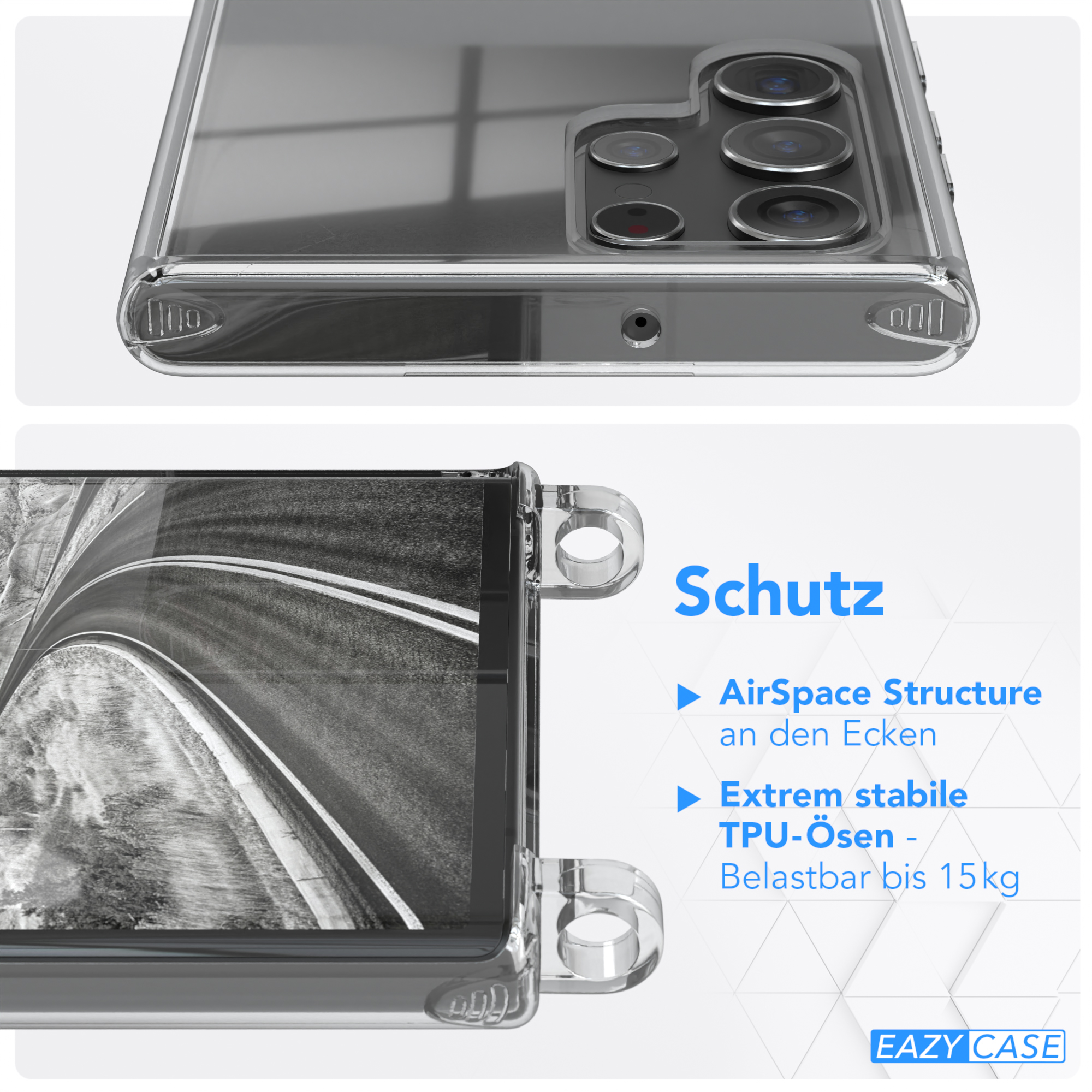 CASE EAZY Samsung, Schwarz Kordel Transparente / Silber Karabiner, mit 5G, breiter Handyhülle Ultra S22 Galaxy Umhängetasche, +