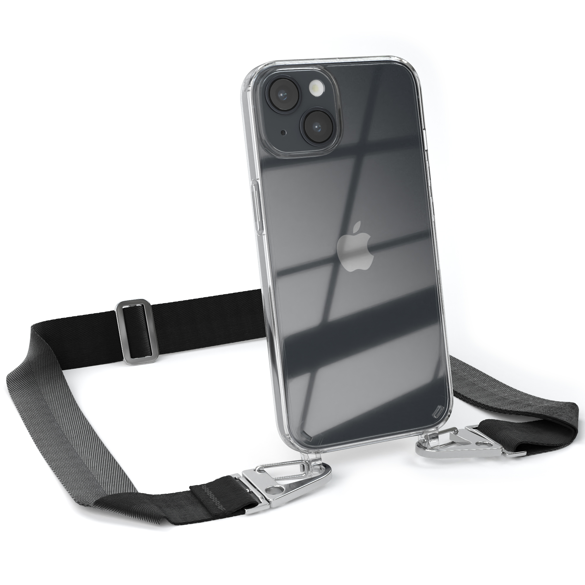 Transparente Handyhülle mit schwarzem Gurt und iPhone auf weißem Grund.