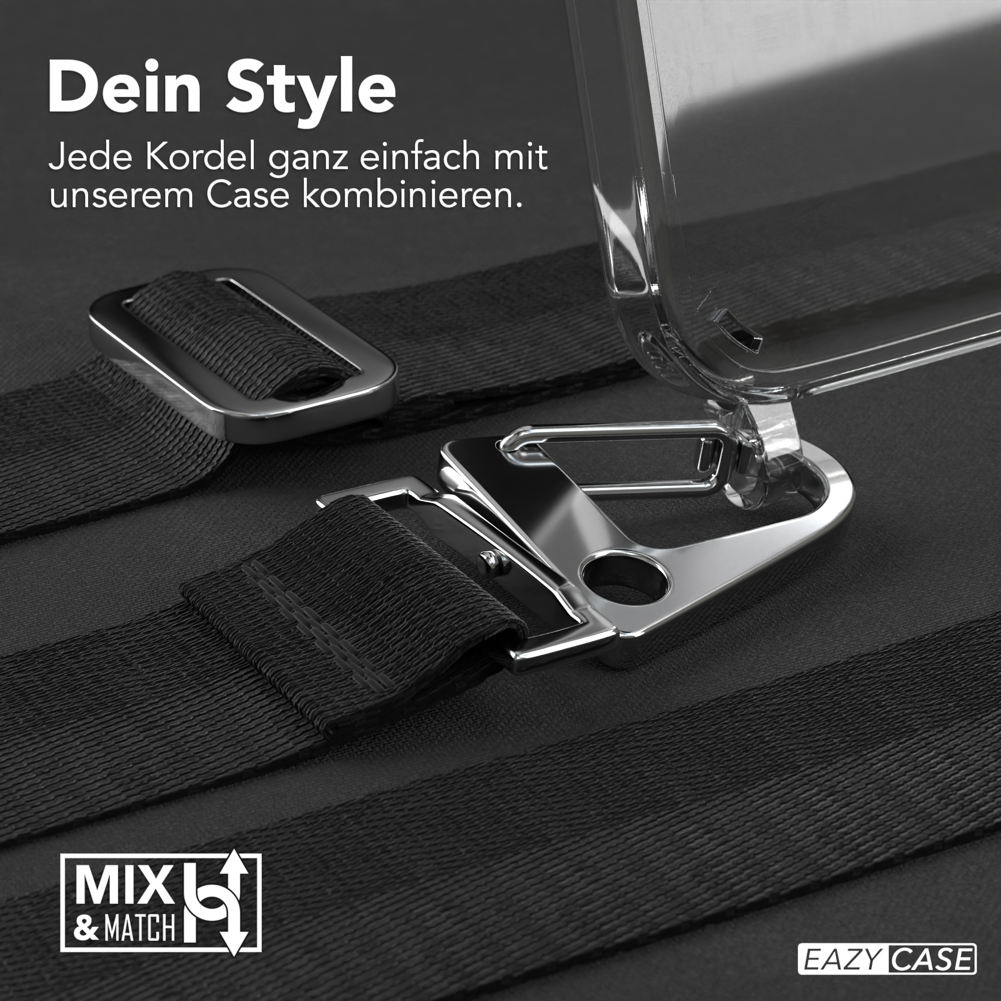 Nahaufnahme von Handyhülle und Trägern, die zeigen, wie man sie verbindet.