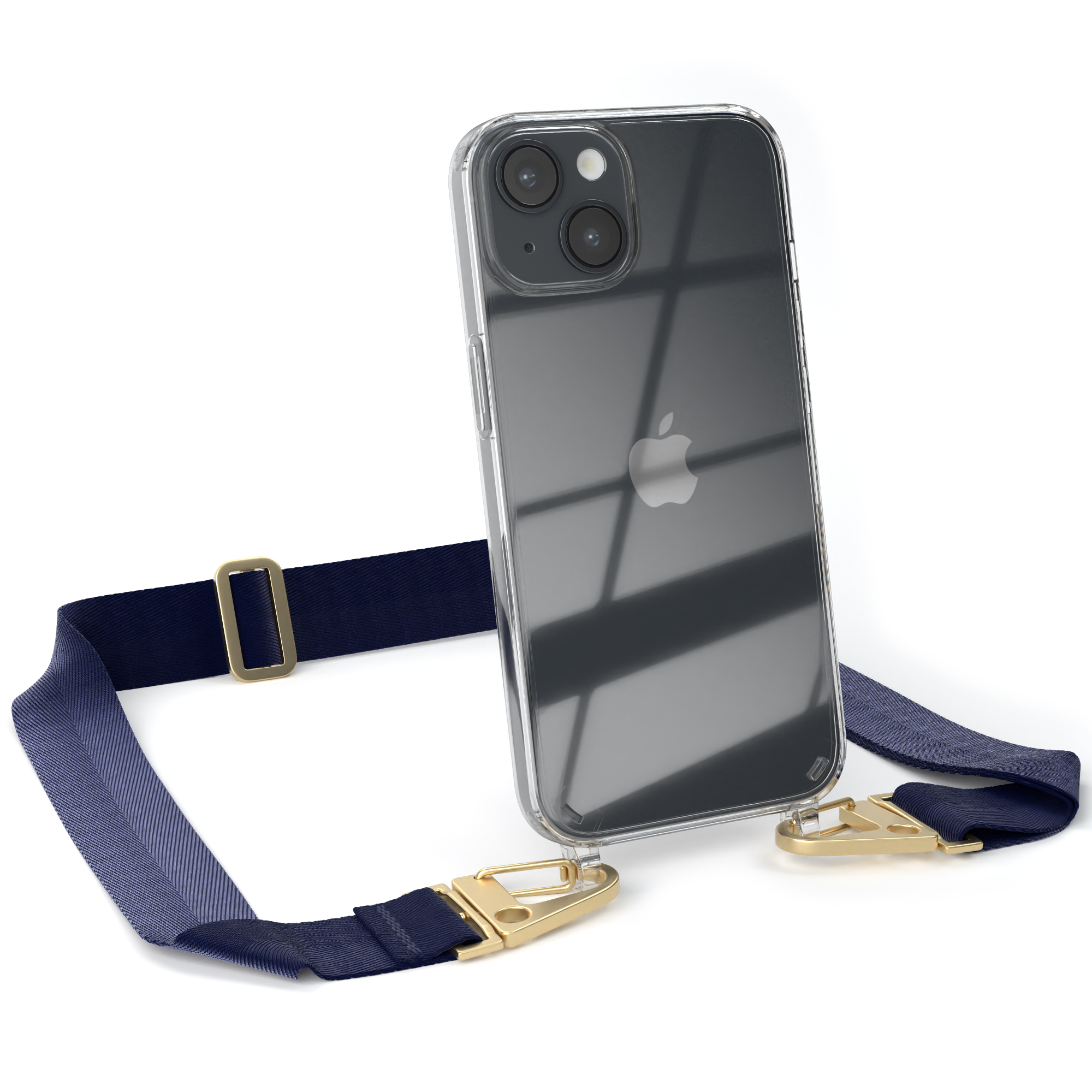 Transparente Handyhülle mit blauem Schlüsselband, mit Telefon darin. Goldener Verschluss und blauer Riemen.