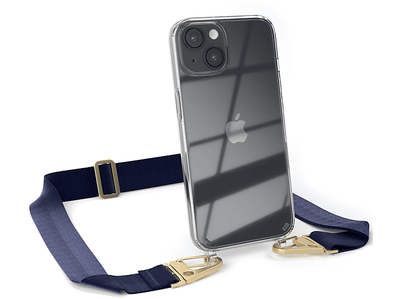 EAZY CASE Handyhülle / Dunkel breiter Umhängetasche, Karabiner, + Gold Transparente Kordel iPhone Blau mit 14, Apple
