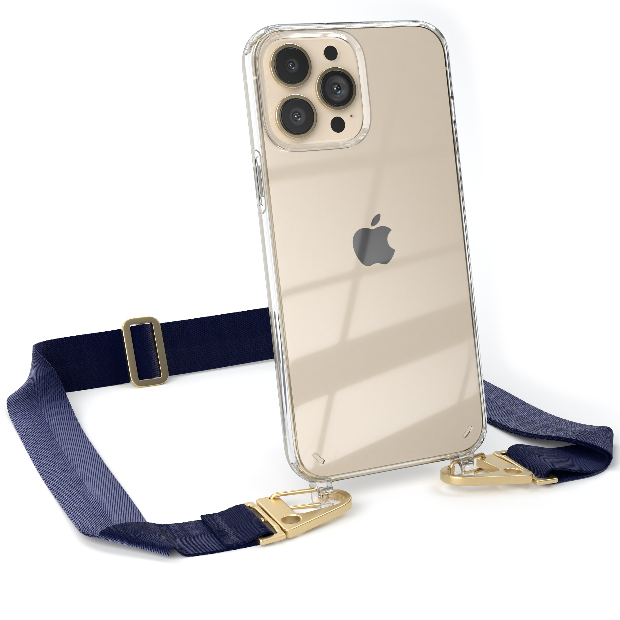 Goldenes iPhone in einer transparenten Hülle, mit blauem Riemen. Goldene Hardware.