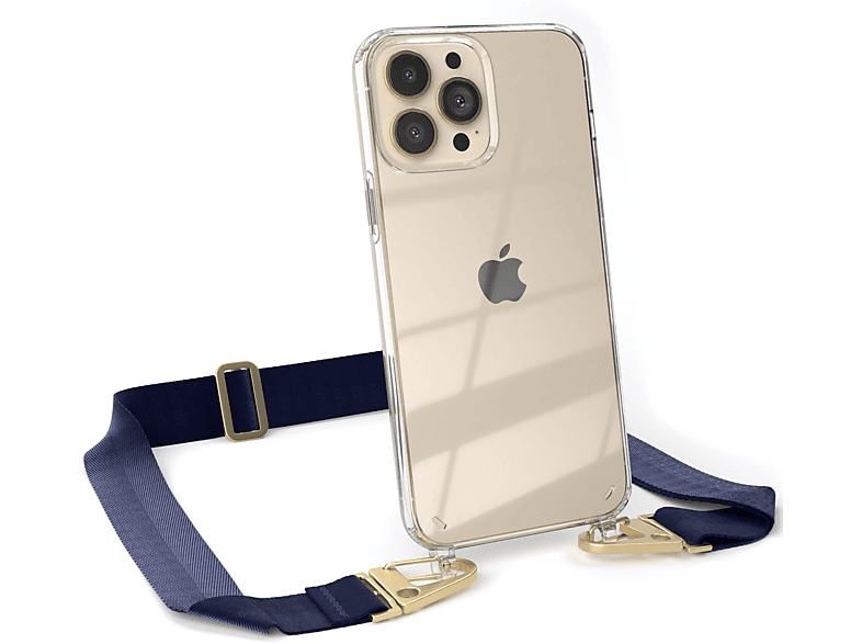EAZY CASE Transparente Handyhülle mit breiter Kordel + Karabiner, Umhängetasche, Apple, iPhone 13 Pro Max, Dunkel Blau / Gold