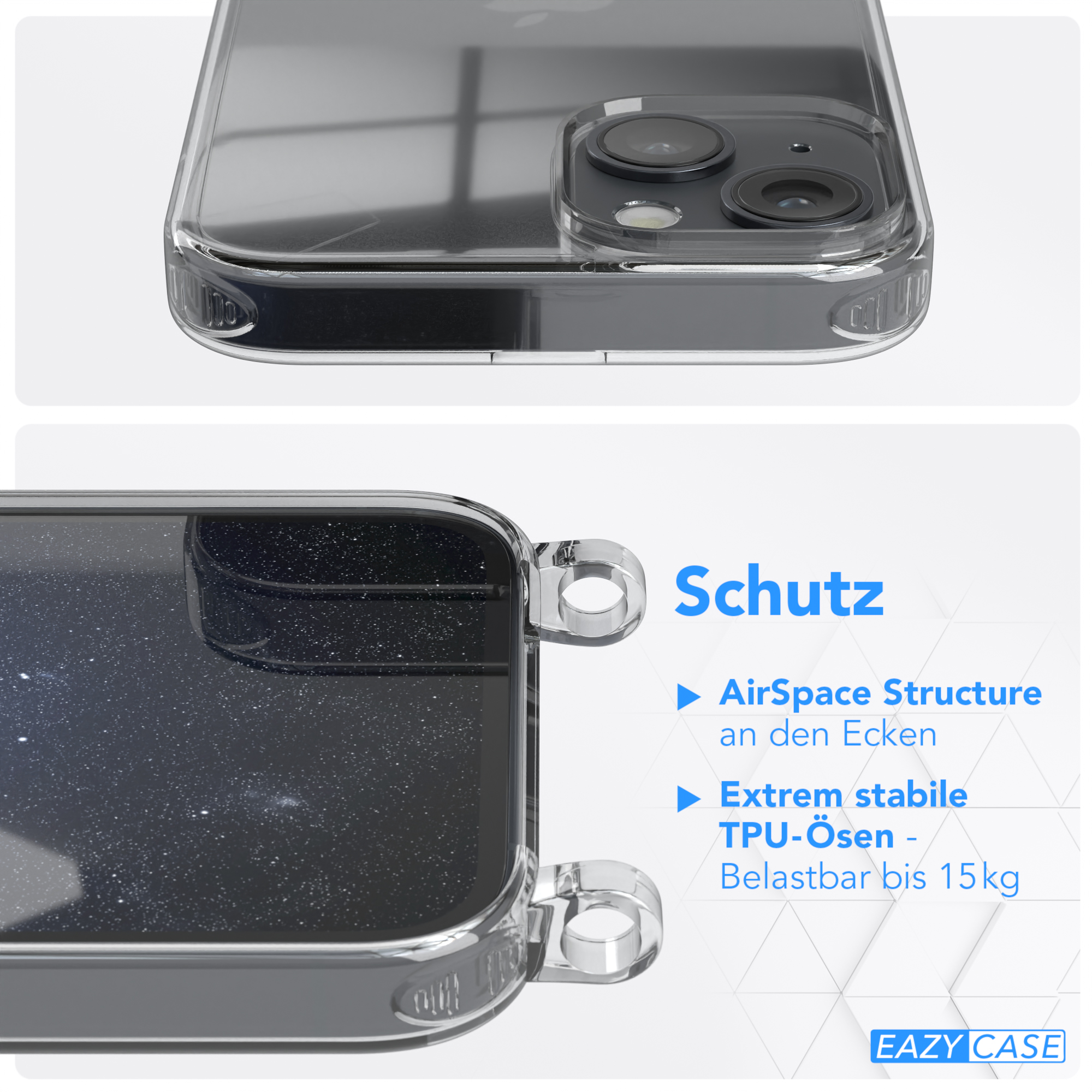 Nahaufnahme einer Handyhülle mit Weltraumdesign und Schutzstruktur, mit dem Markenlogo.