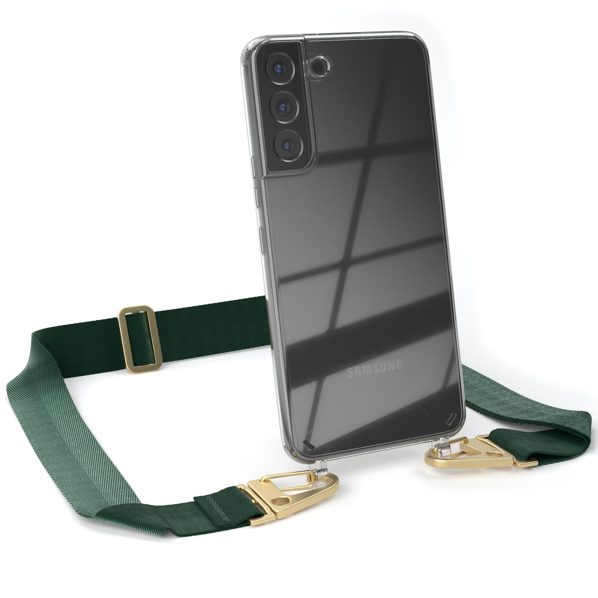 Transparente Handyhülle mit grünem Gurt. Ein Telefon mit 3 Kameras ist sichtbar.
