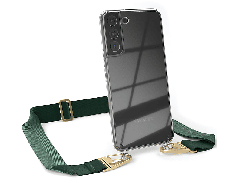 EAZY CASE Transparente Handyhülle breiter Kordel Grün 5G, S22 Karabiner, Plus / mit Dunkel Gold Galaxy + Samsung, Umhängetasche