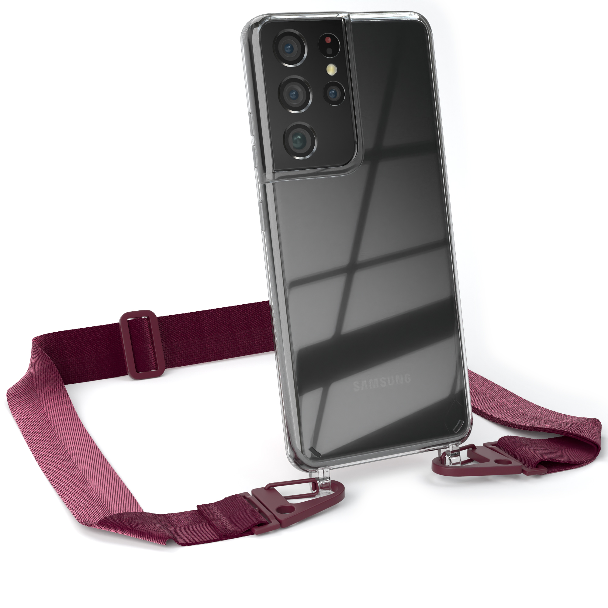 EAZY CASE Galaxy Samsung, Beere Handyhülle + Umhängetasche, / Rot Burgundy mit breiter Kordel 5G, Karabiner, S21 Ultra Transparente