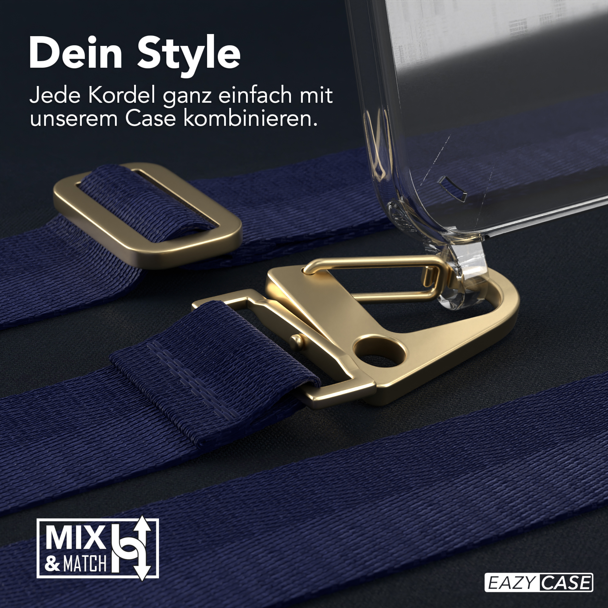 Nahaufnahme einer Handyhülle mit blauem Gurt. Der Text bewirbt die Kombination mit der Hülle.