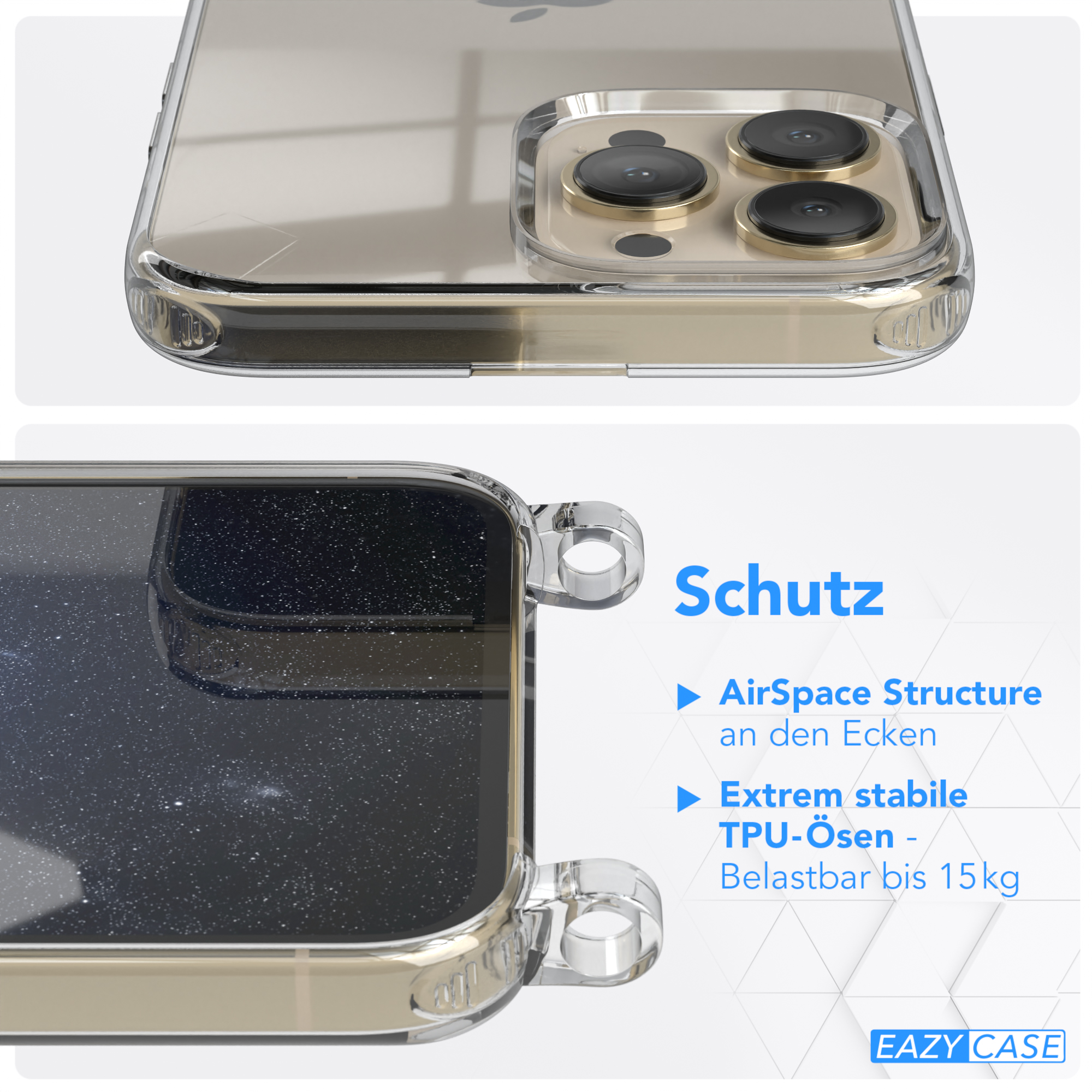 Transparente Handyhülle mit Telefon im Inneren. Der Text lautet: Schutz. AirSpace Structure und Extrem stabile TPU-Ösen.