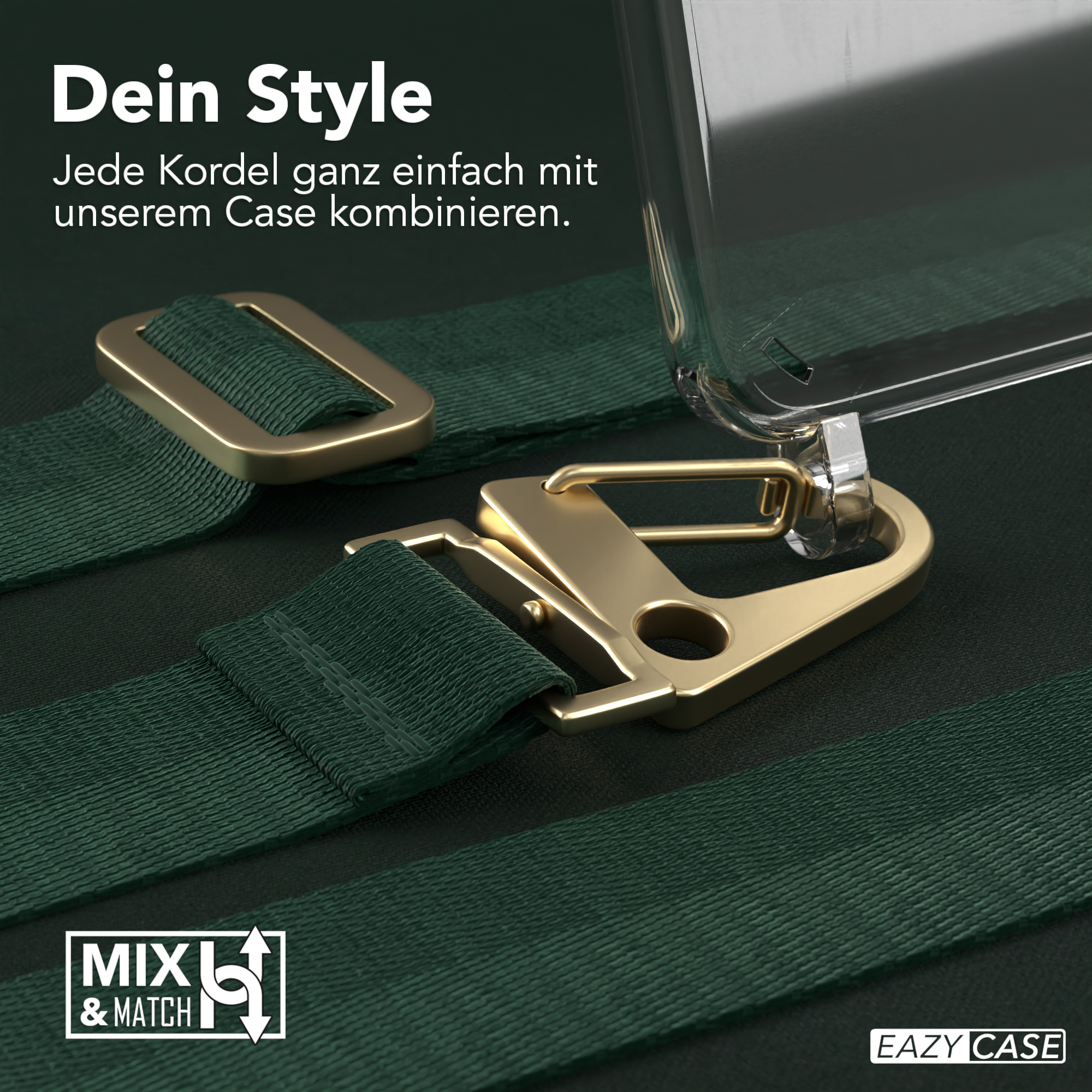 Nahaufnahme einer Handyhülle mit Riemen und goldfarbenen Verschlüssen.