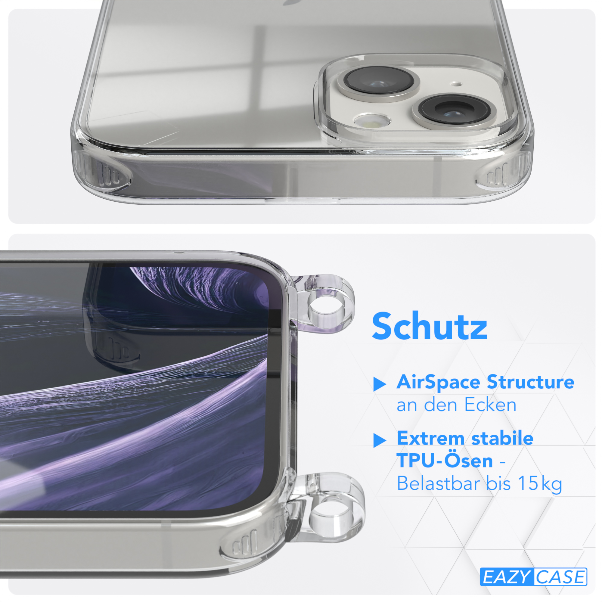 EAZY CASE Transparente 14 Handyhülle Umhängetasche, / Karabiner, Plus, Kordel + breiter Gold Apple, Flieder mit iPhone