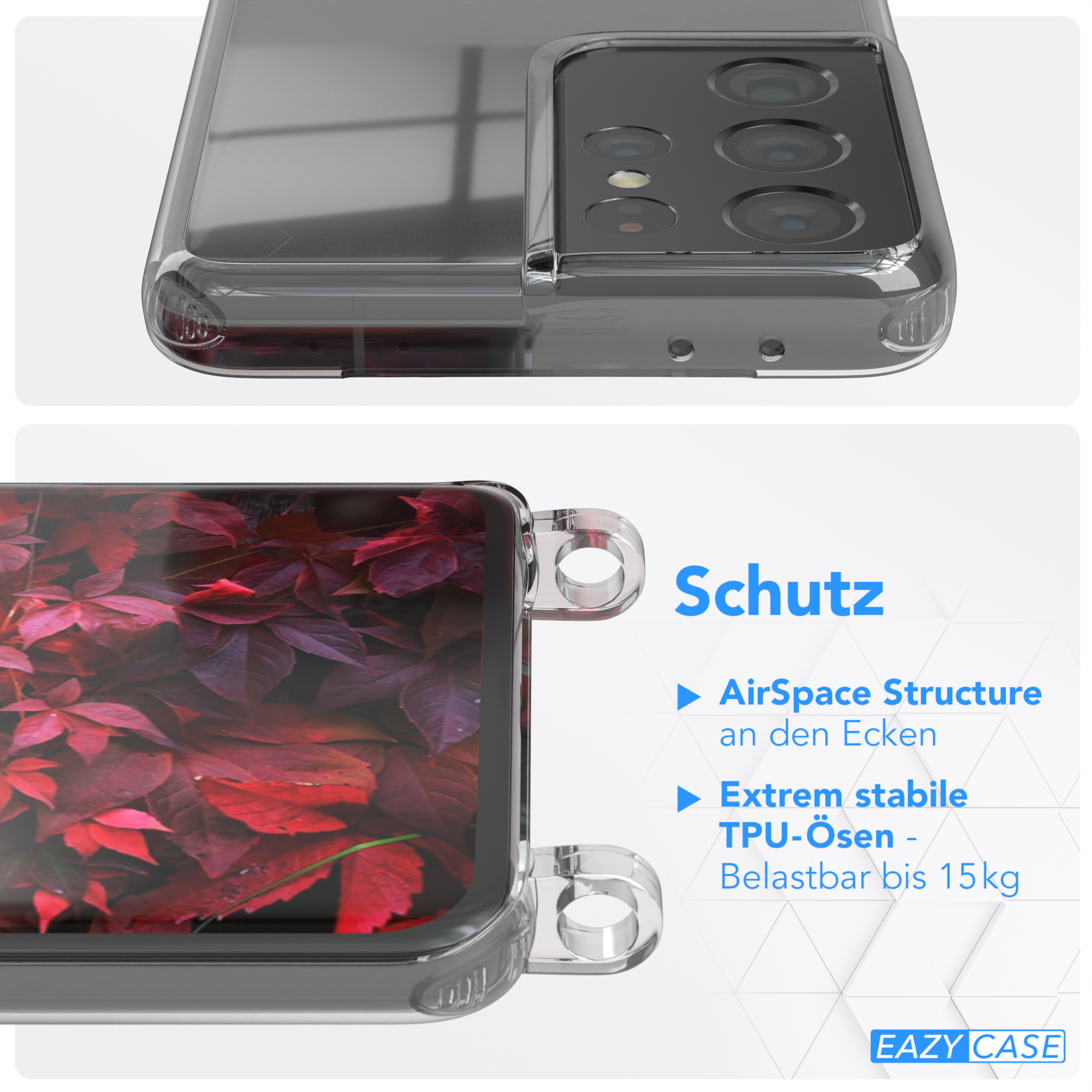 5G, Kordel + Galaxy S21 Samsung, Umhängetasche, EAZY Ultra mit Burgundy CASE Handyhülle Rot / Transparente Karabiner, Beere breiter