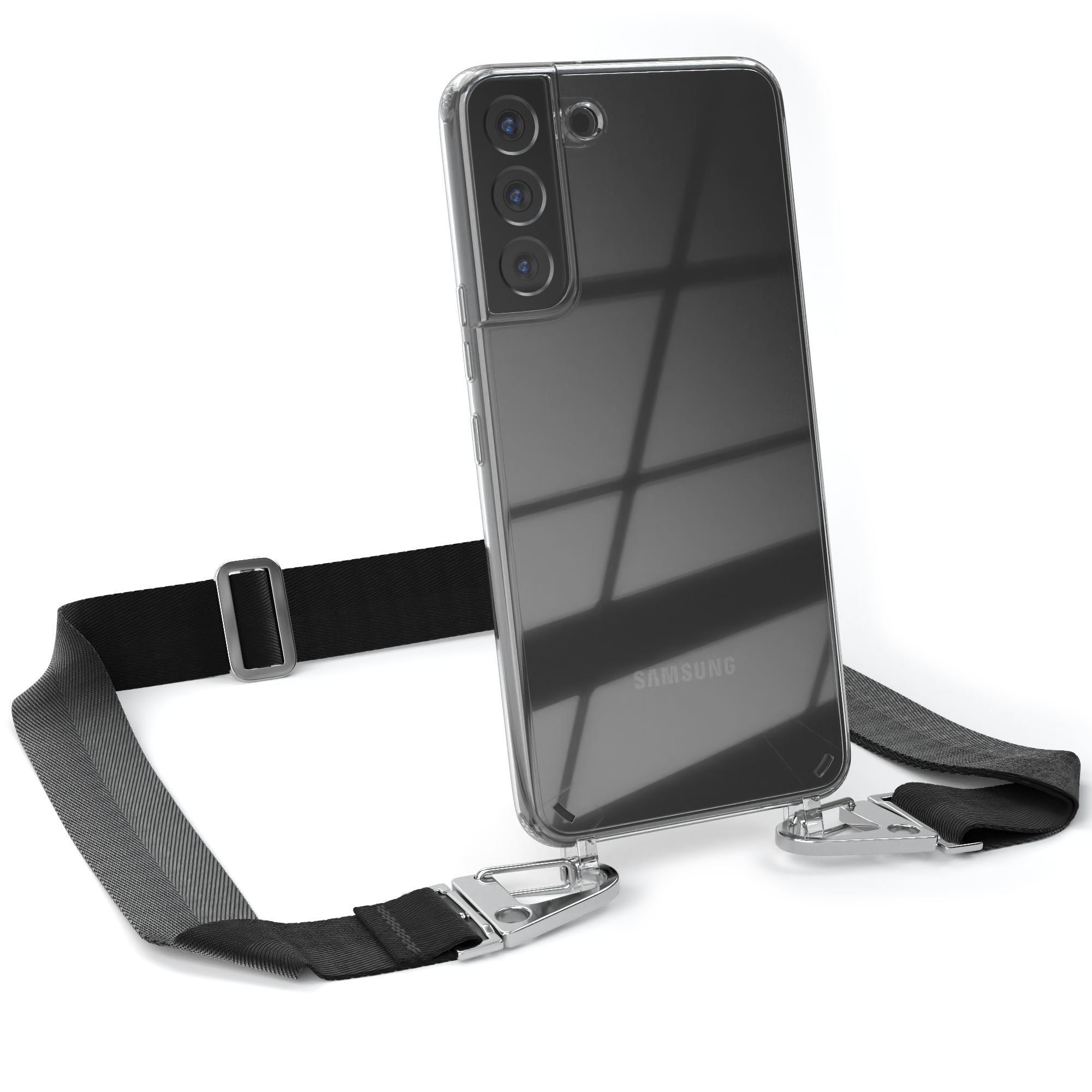 Transparente Handyhülle mit schwarzem Riemen, silbernen Clips und einem Samsung-Handy. Weißer Hintergrund.