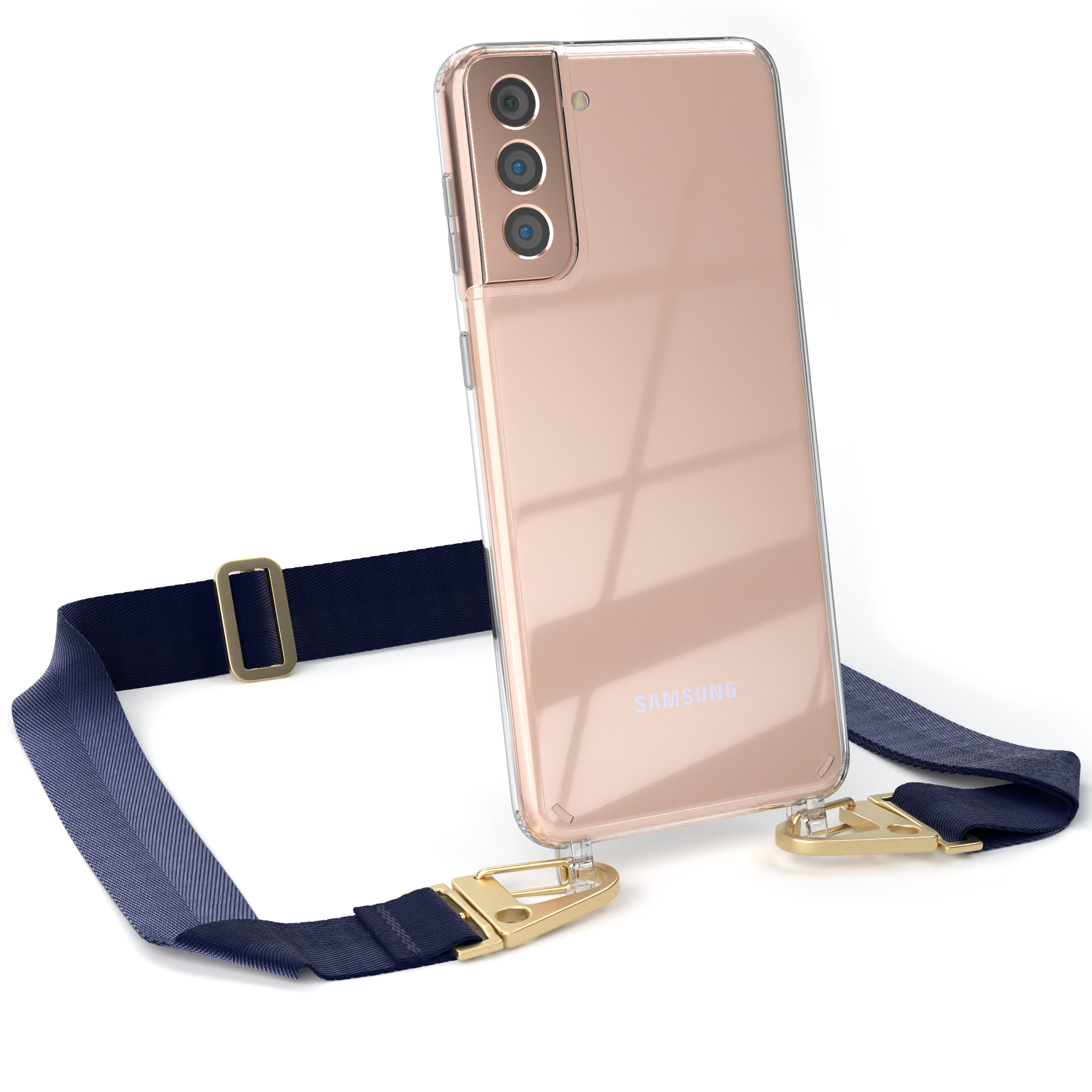Handyhülle Plus breiter 5G, Samsung, S21 Umhängetasche, + EAZY Galaxy CASE Karabiner, mit / Dunkel Gold Kordel Blau Transparente