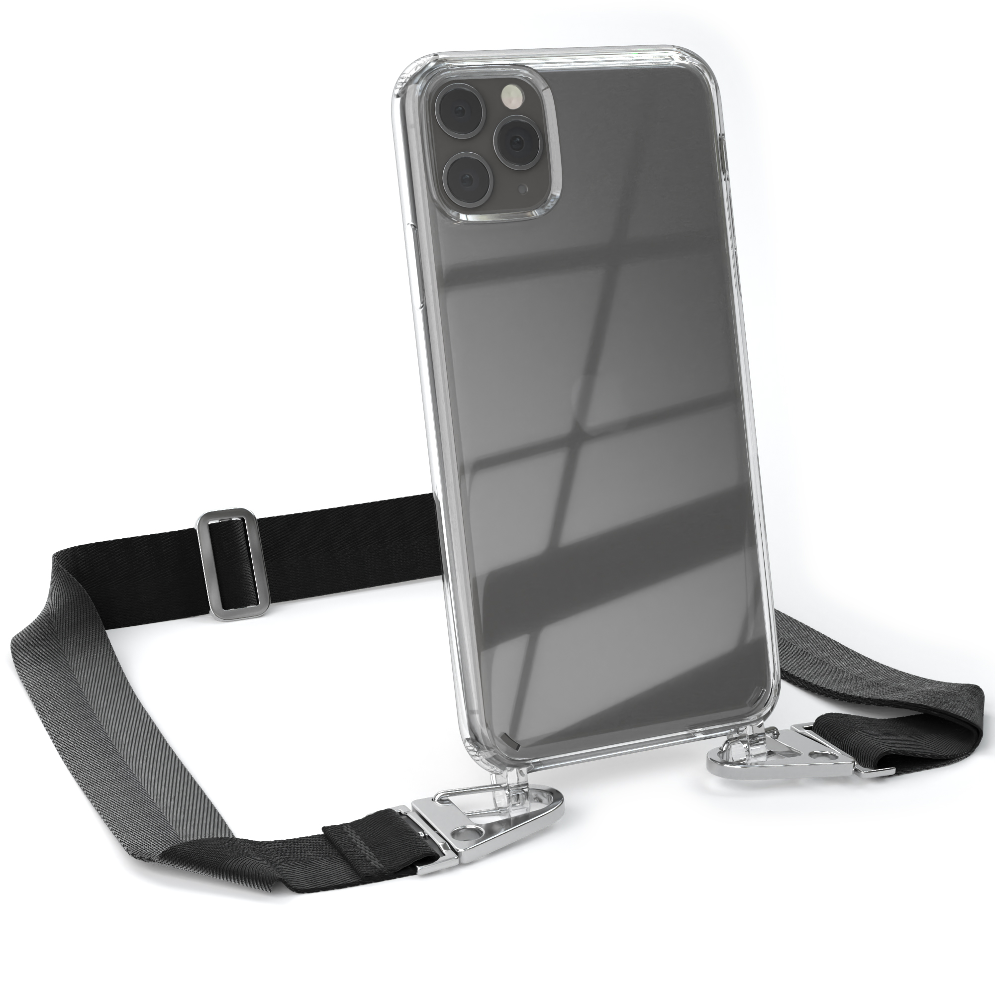 Transparente Handyhülle mit schwarzem Riemen. Das Telefon hat mehrere Kameralinsen.