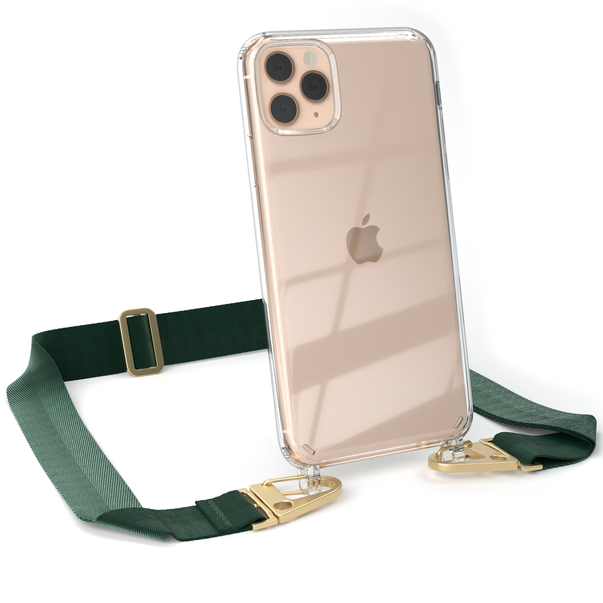 Umhängetasche, breiter iPhone Dunkel EAZY mit Transparente Gold / CASE Max, Grün Apple, 11 Karabiner, Pro Kordel Handyhülle +