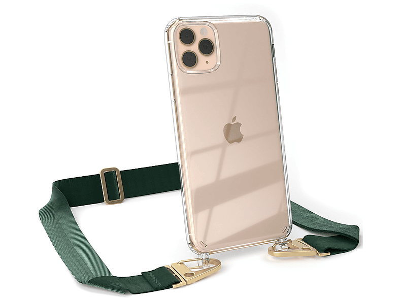 EAZY CASE Transparente Handyhülle mit breiter Kordel + Karabiner, Umhängetasche, Apple, iPhone 11 Pro Max, Dunkel Grün / Gold