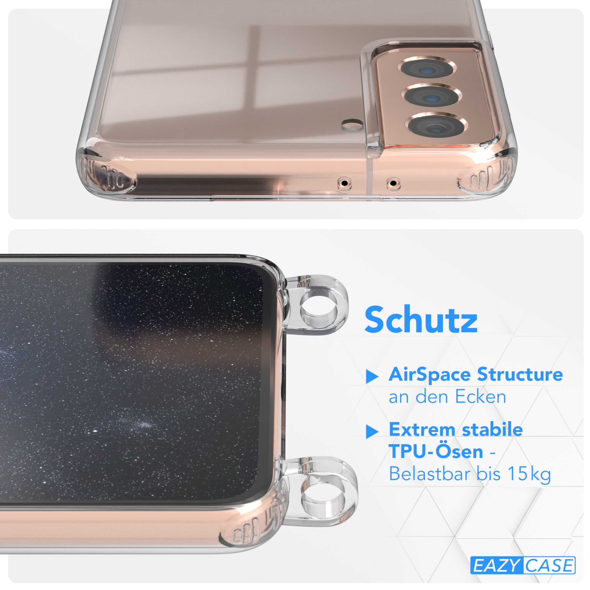 EAZY CASE Galaxy + Transparente Samsung, Dunkel Blau S21 mit breiter Karabiner, Umhängetasche, Kordel Handyhülle / Plus 5G, Gold