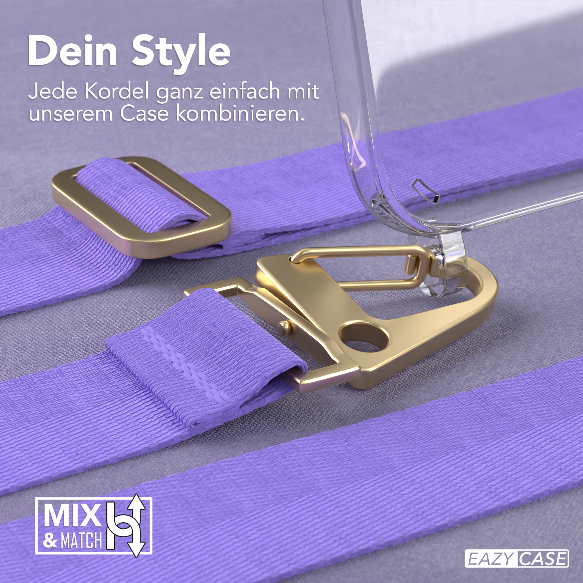 Eine transparente Handyhülle mit lila Gurt und goldenen Verschlüssen, mit den Texten 'Dein Style' und 'Mix & Match'.