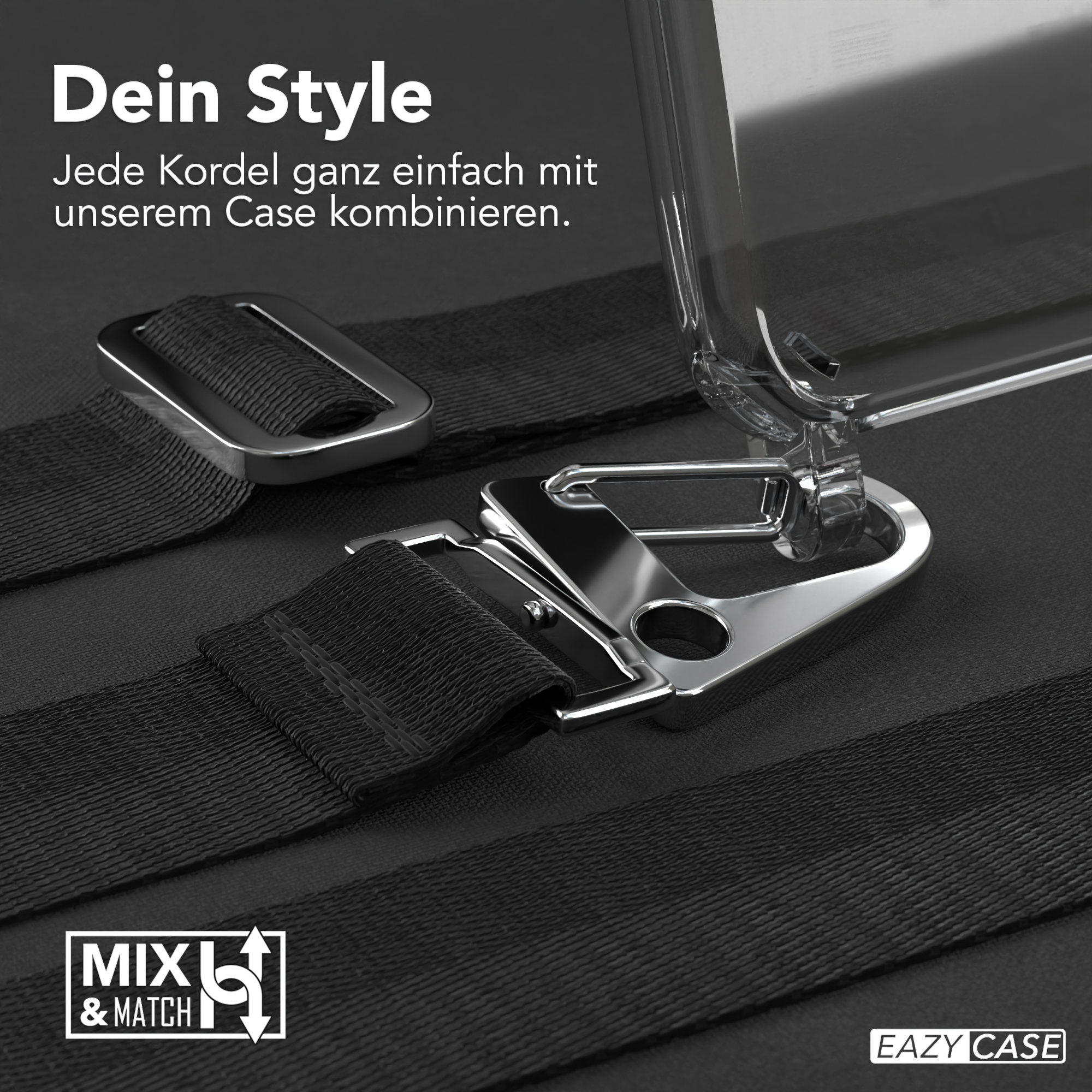 Schwarzer Gurt mit silbernem Verschluss, an einer transparenten Handyhülle befestigt. Logo: MXL & MATCH, EAZY CASE.