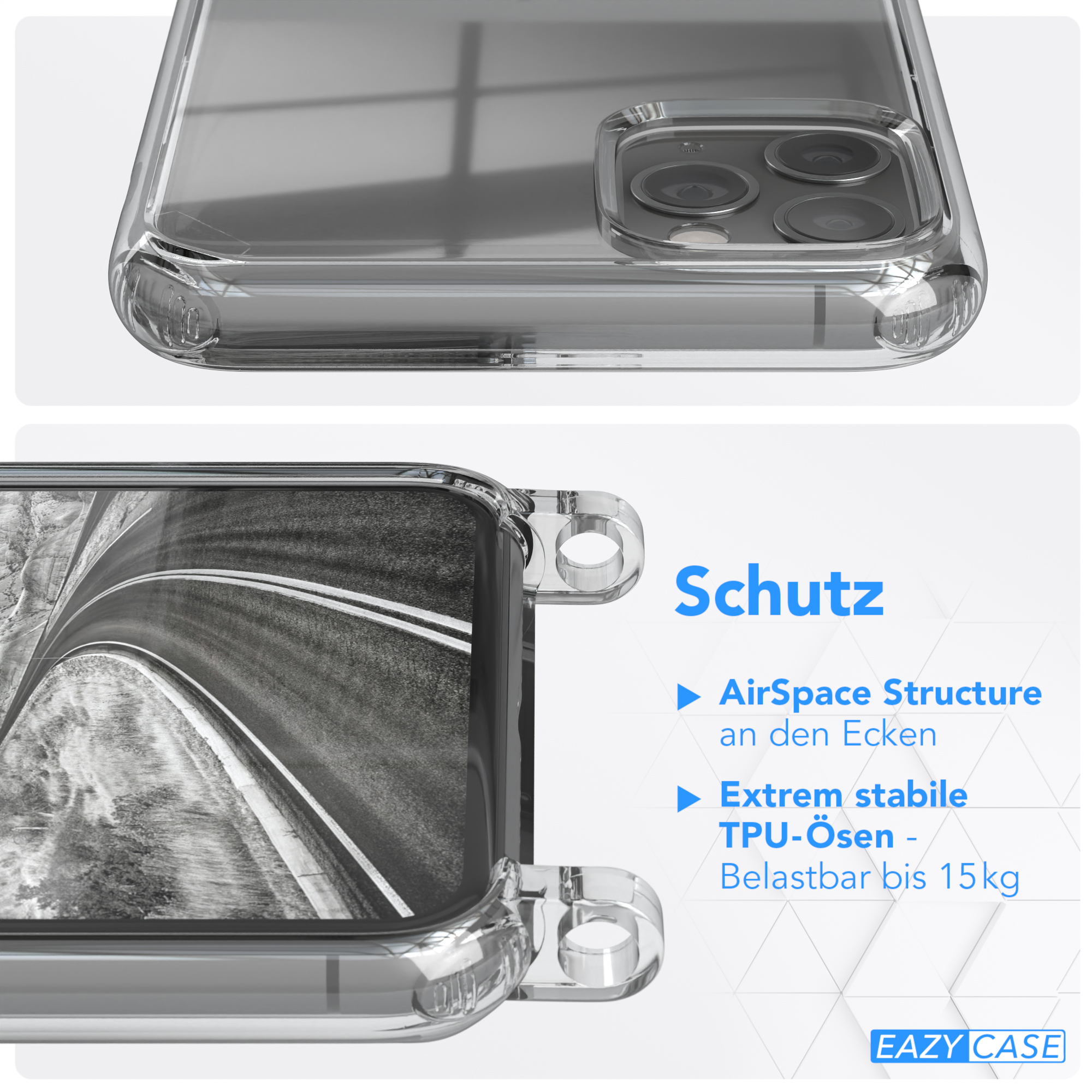 Nahaufnahme einer transparenten Handyhülle, die Struktur- und Designdetails zeigt.