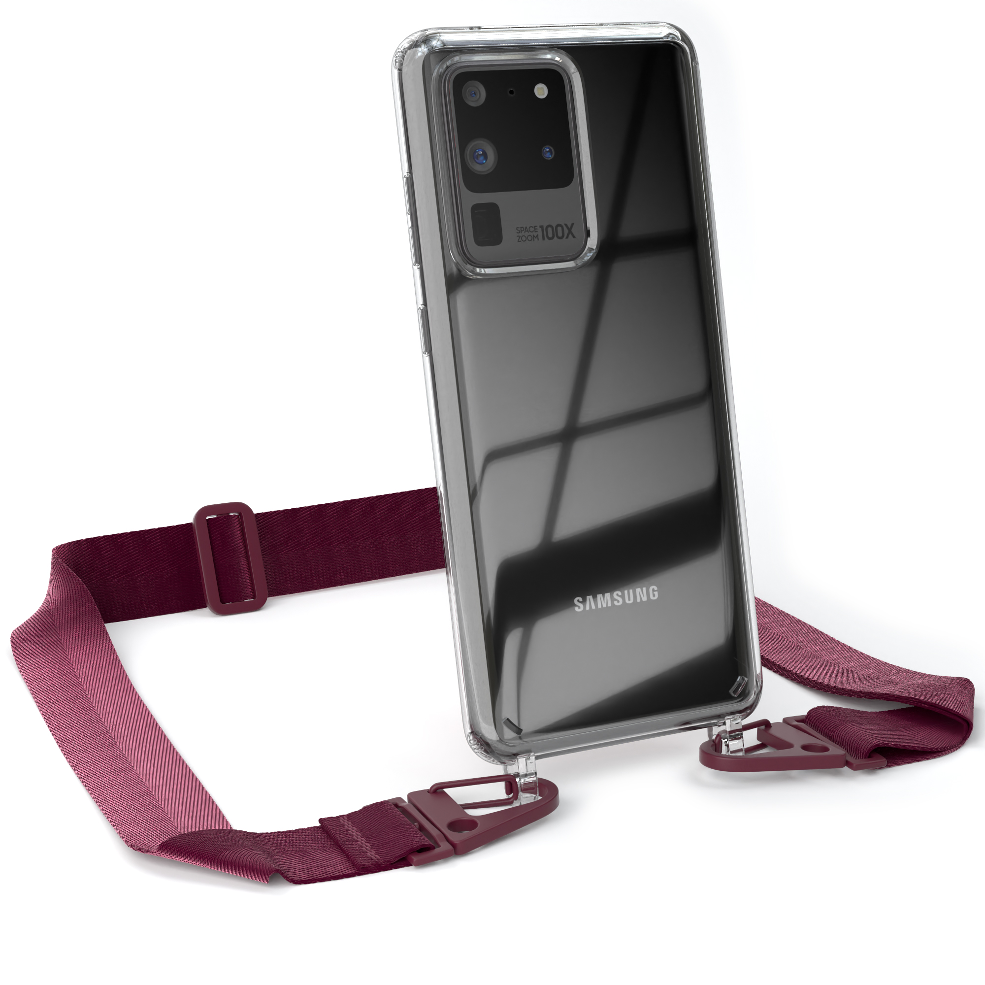 Transparente Handyhülle mit bordeauxfarbenem Riemen. Samsung-Telefon darin. Weißer Hintergrund.