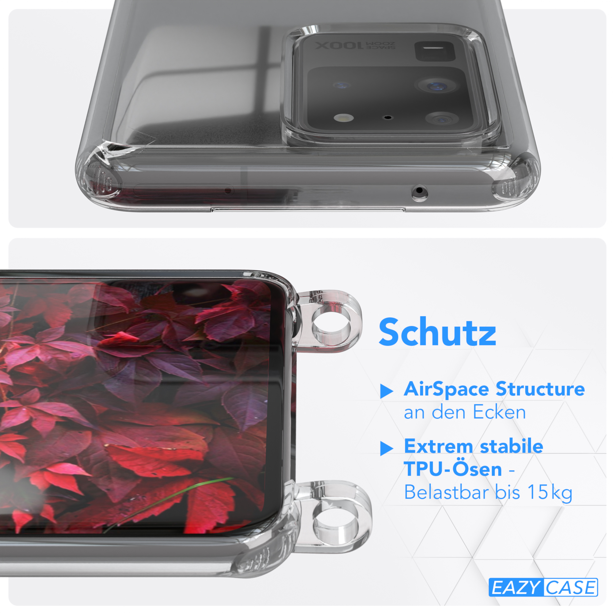 EAZY CASE Transparente Umhängetasche, S20 Beere 5G, Ultra / Galaxy Rot Samsung, Burgundy + mit Handyhülle / Kordel S20 Karabiner, breiter Ultra